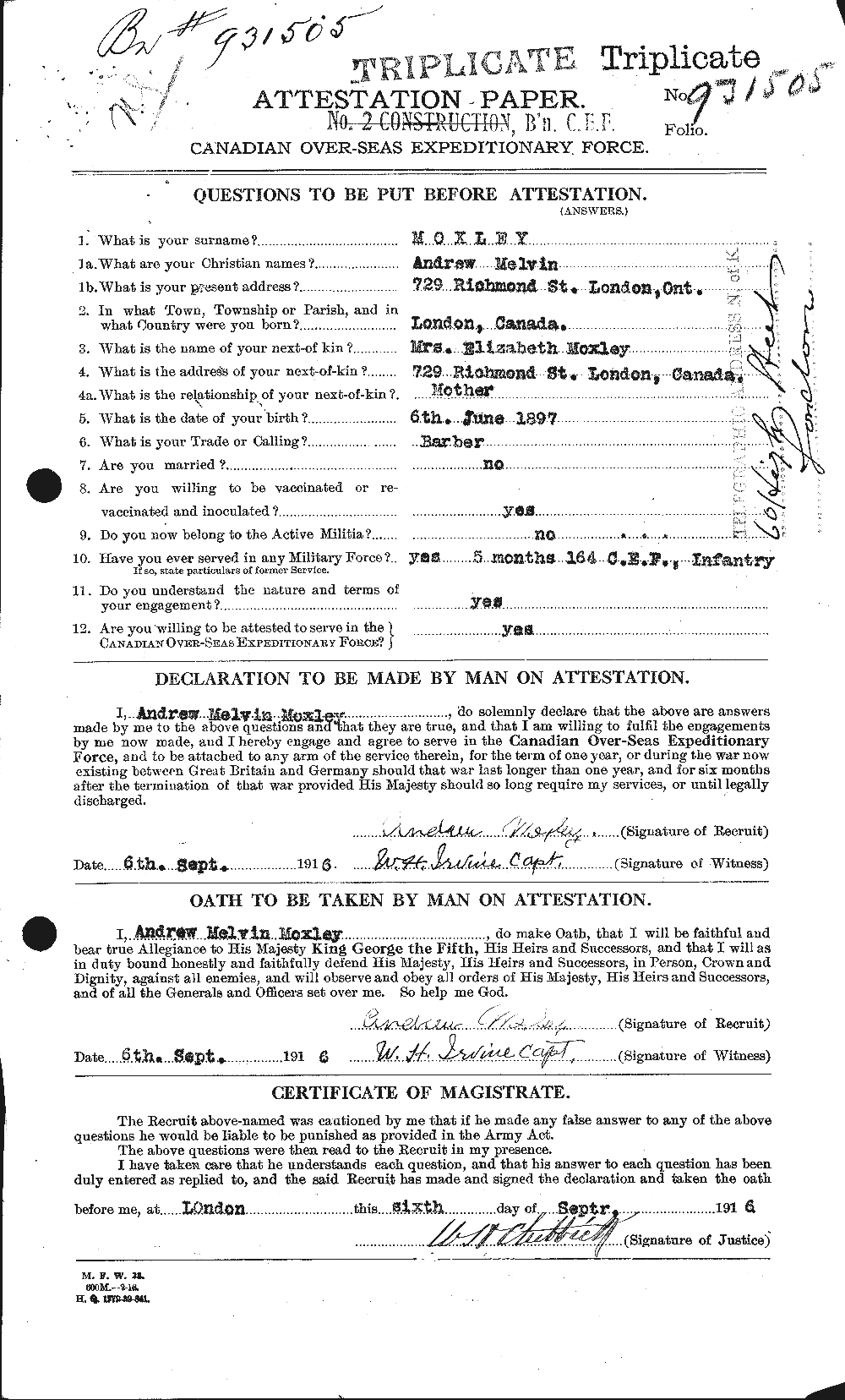 Dossiers du Personnel de la Première Guerre mondiale - CEC 510585a