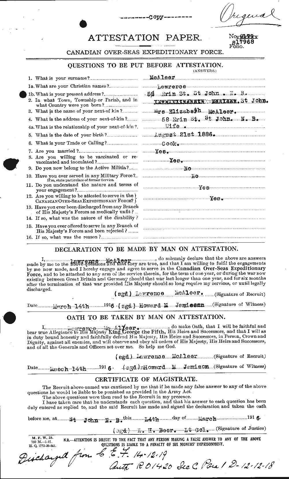 Dossiers du Personnel de la Première Guerre mondiale - CEC 513082a