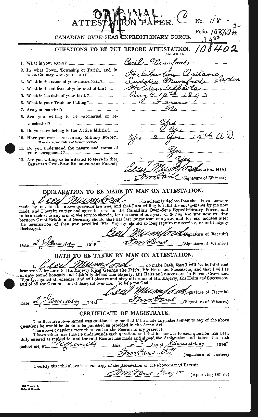 Dossiers du Personnel de la Première Guerre mondiale - CEC 513621a