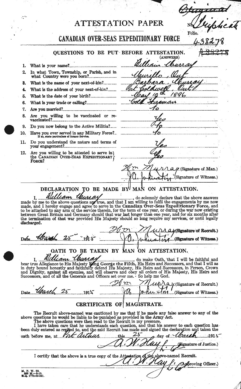 Dossiers du Personnel de la Première Guerre mondiale - CEC 514222a