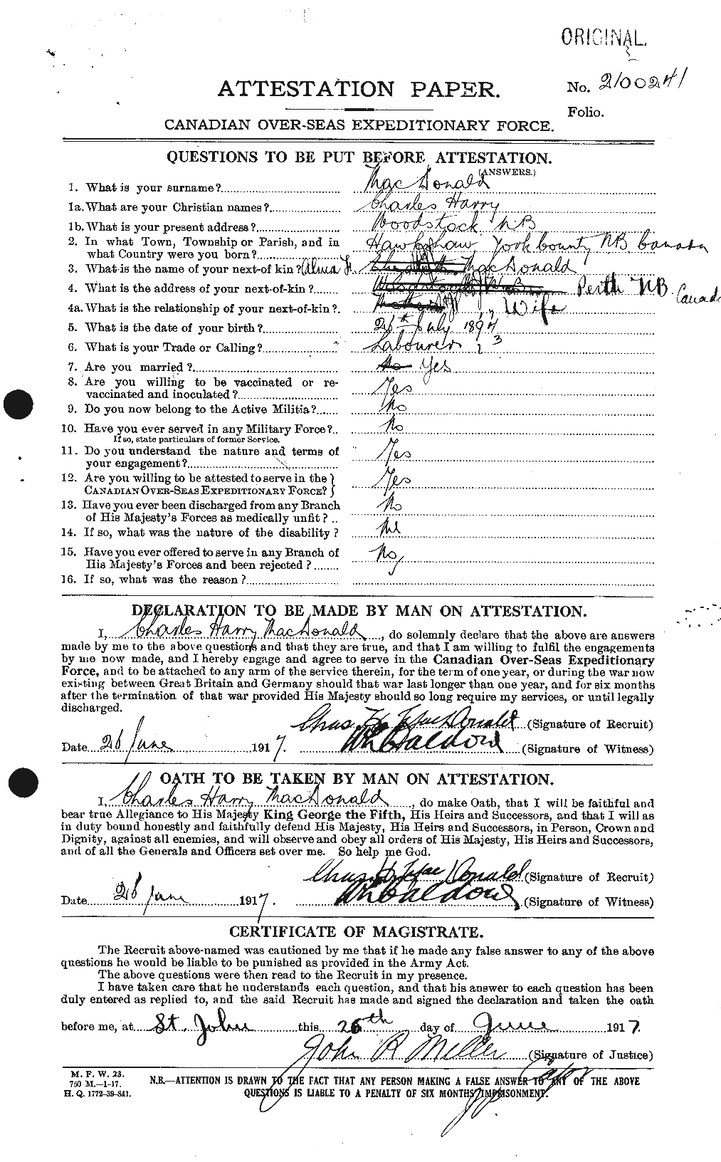 Dossiers du Personnel de la Première Guerre mondiale - CEC 517406a