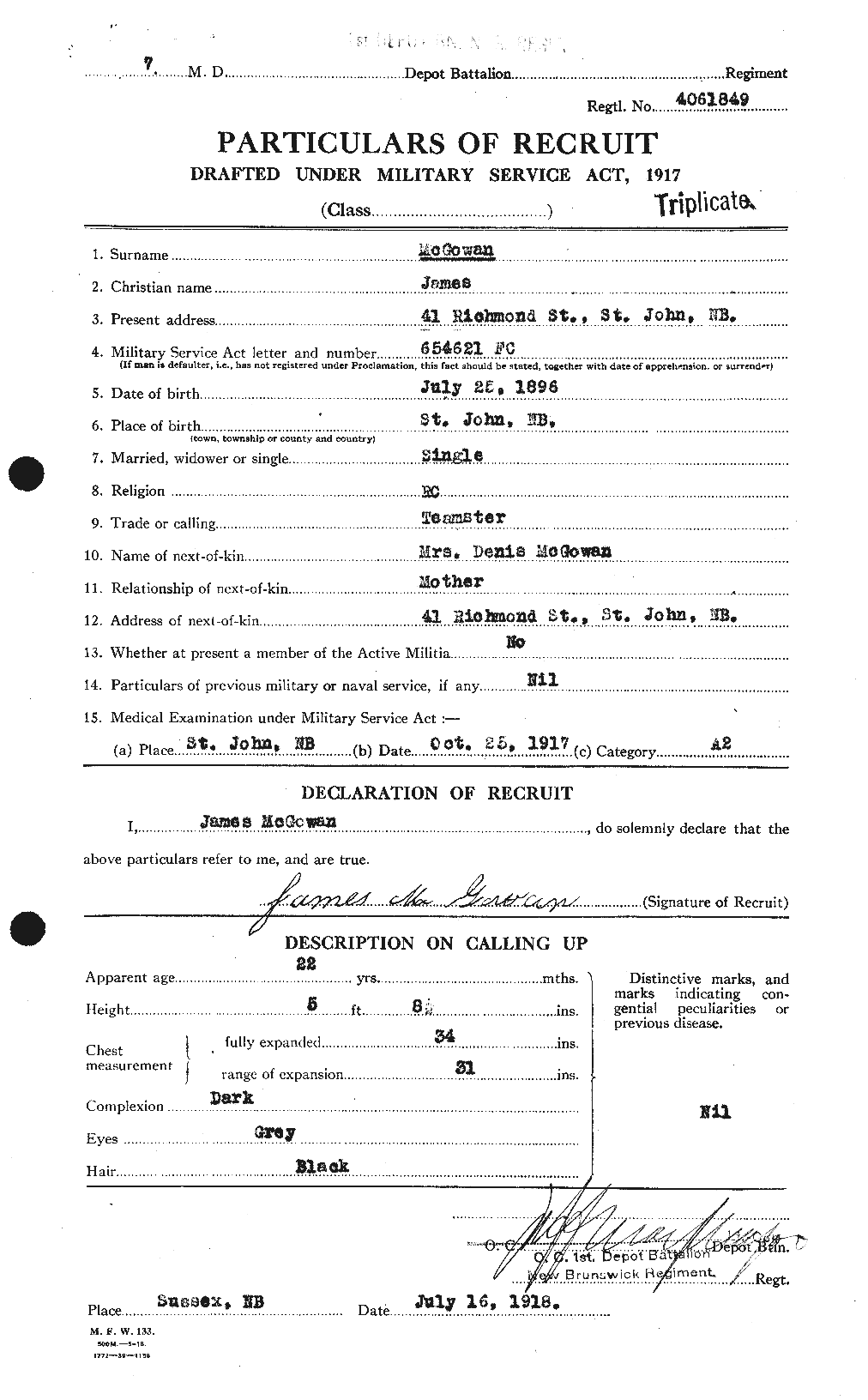 Dossiers du Personnel de la Première Guerre mondiale - CEC 517492a