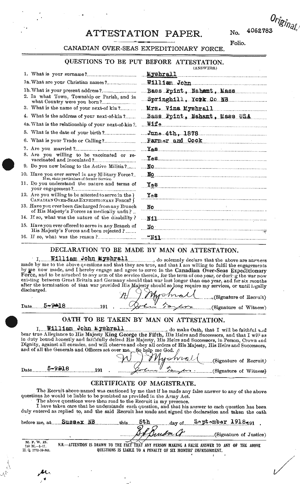 Dossiers du Personnel de la Première Guerre mondiale - CEC 518056a