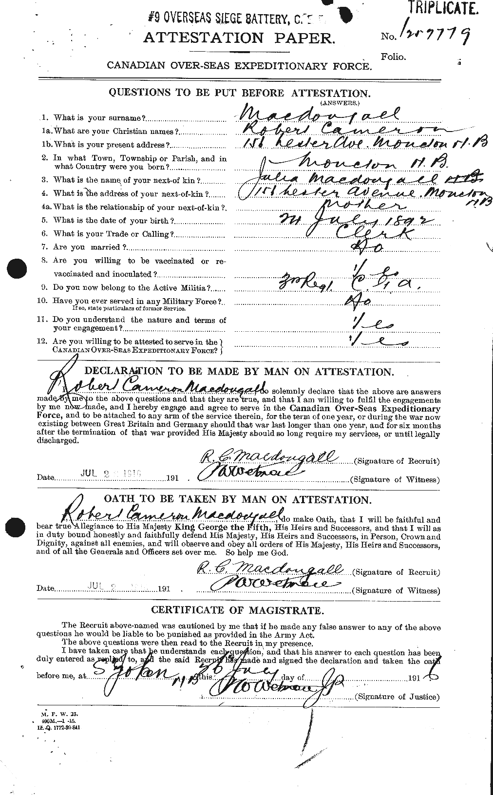 Dossiers du Personnel de la Première Guerre mondiale - CEC 518374a