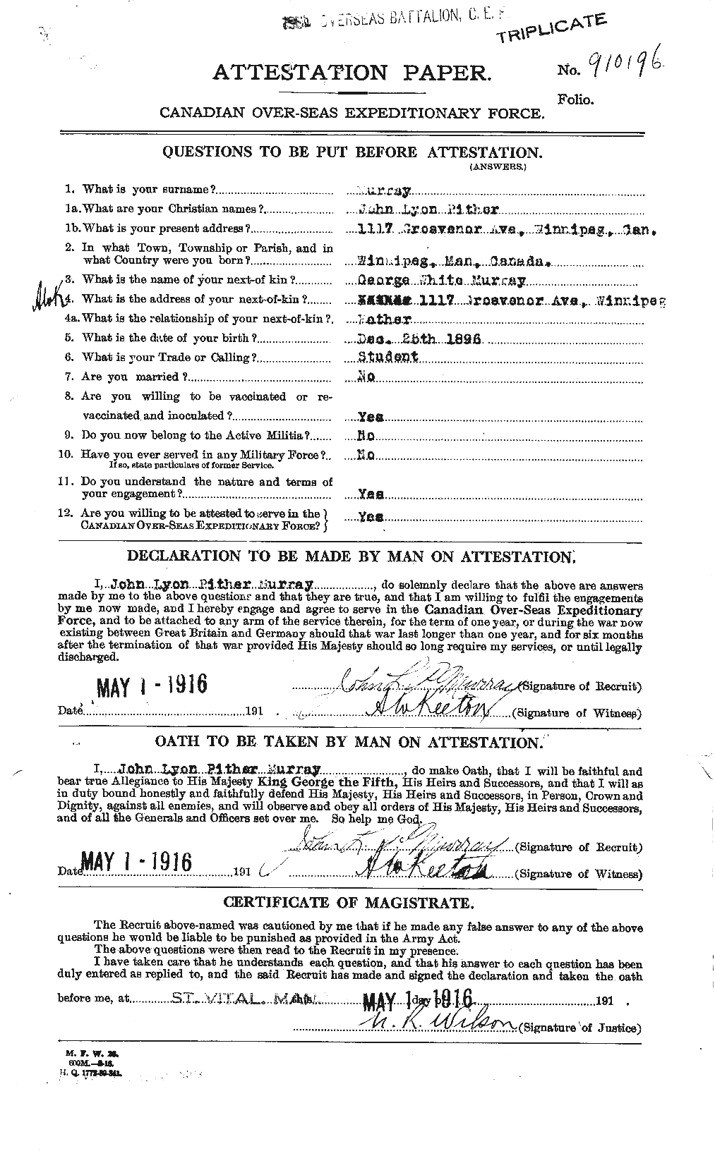 Dossiers du Personnel de la Première Guerre mondiale - CEC 518611a