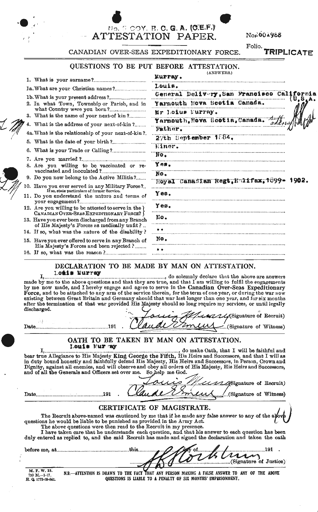 Dossiers du Personnel de la Première Guerre mondiale - CEC 518707a