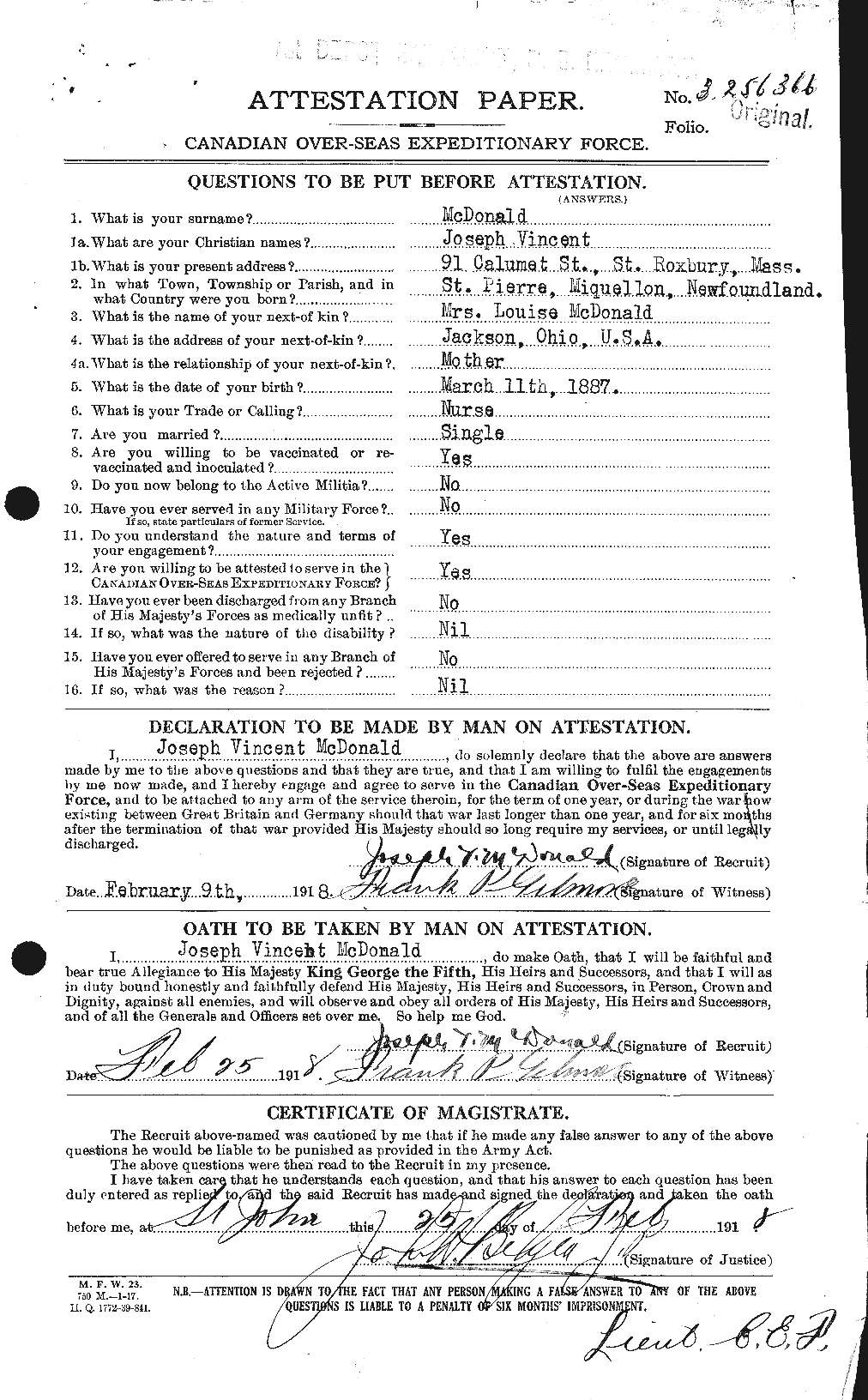Dossiers du Personnel de la Première Guerre mondiale - CEC 519698a