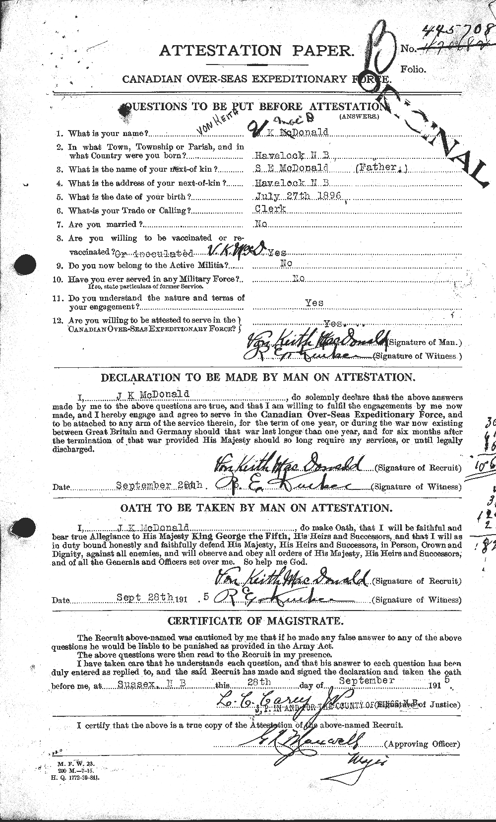 Dossiers du Personnel de la Première Guerre mondiale - CEC 519902a