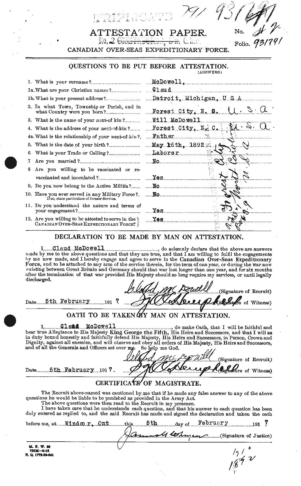 Dossiers du Personnel de la Première Guerre mondiale - CEC 520617a