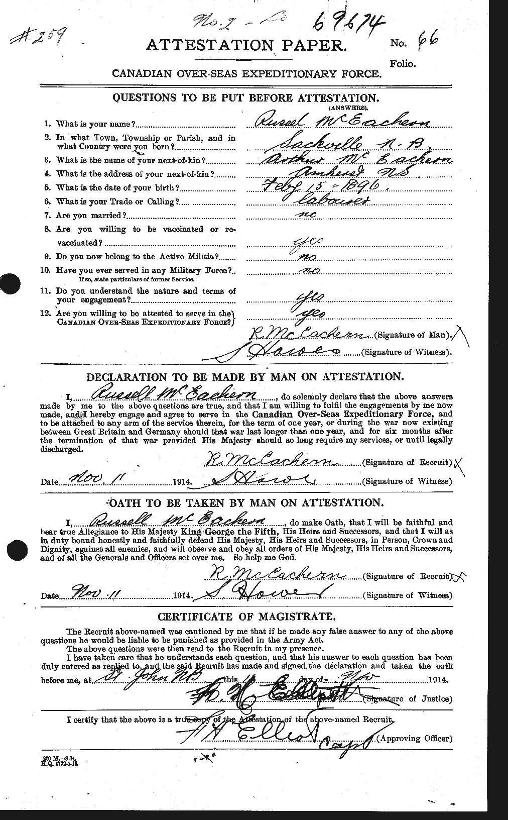 Dossiers du Personnel de la Première Guerre mondiale - CEC 521907a