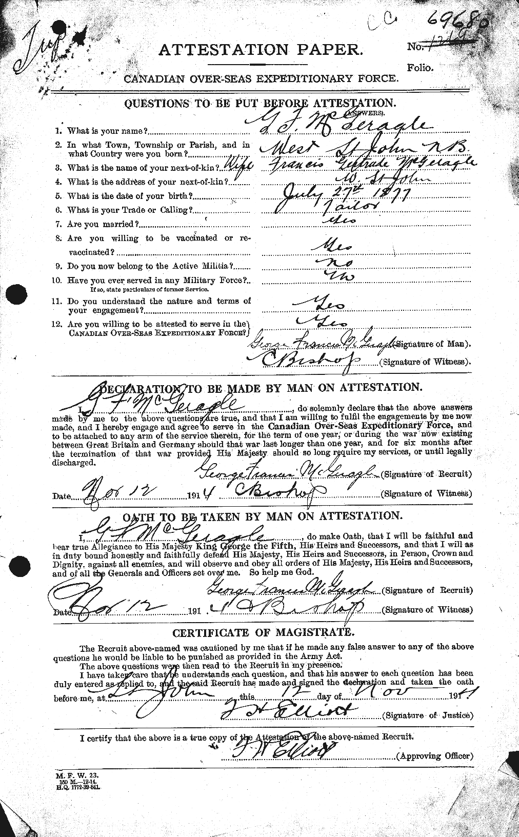 Dossiers du Personnel de la Première Guerre mondiale - CEC 522434a