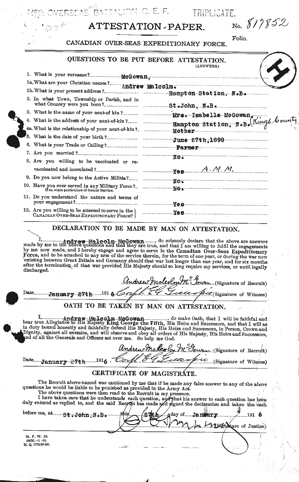Dossiers du Personnel de la Première Guerre mondiale - CEC 522540a