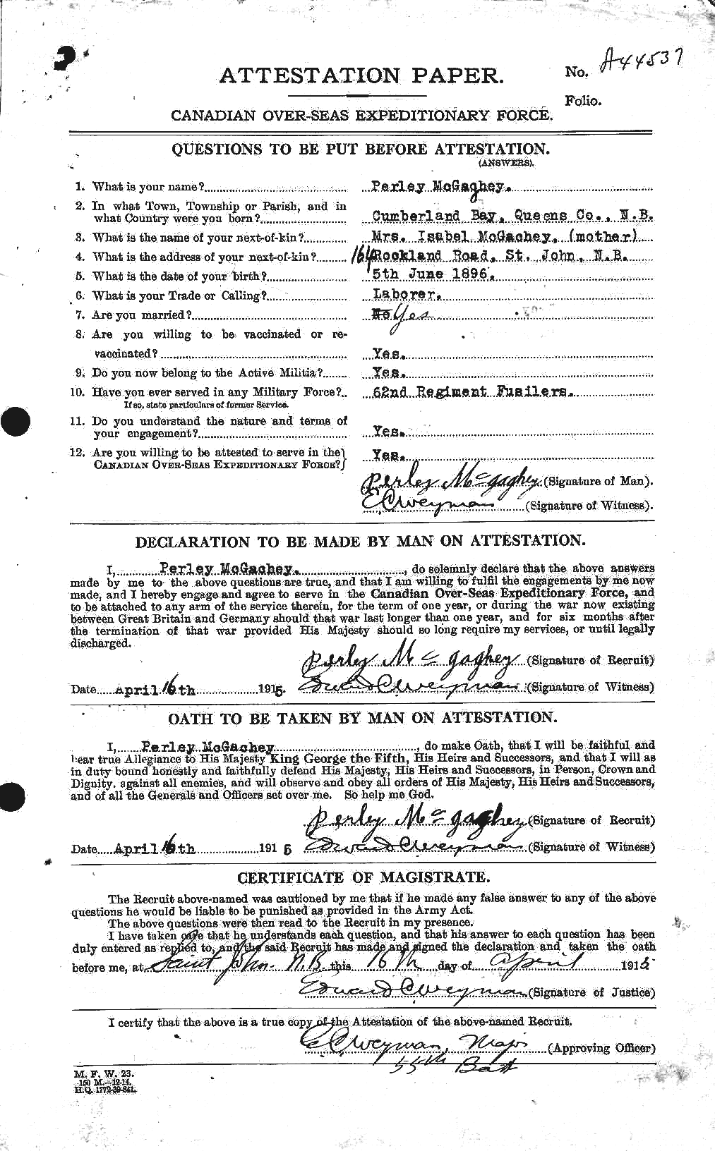 Dossiers du Personnel de la Première Guerre mondiale - CEC 522648a