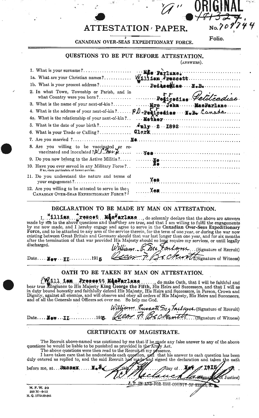 Dossiers du Personnel de la Première Guerre mondiale - CEC 522837a