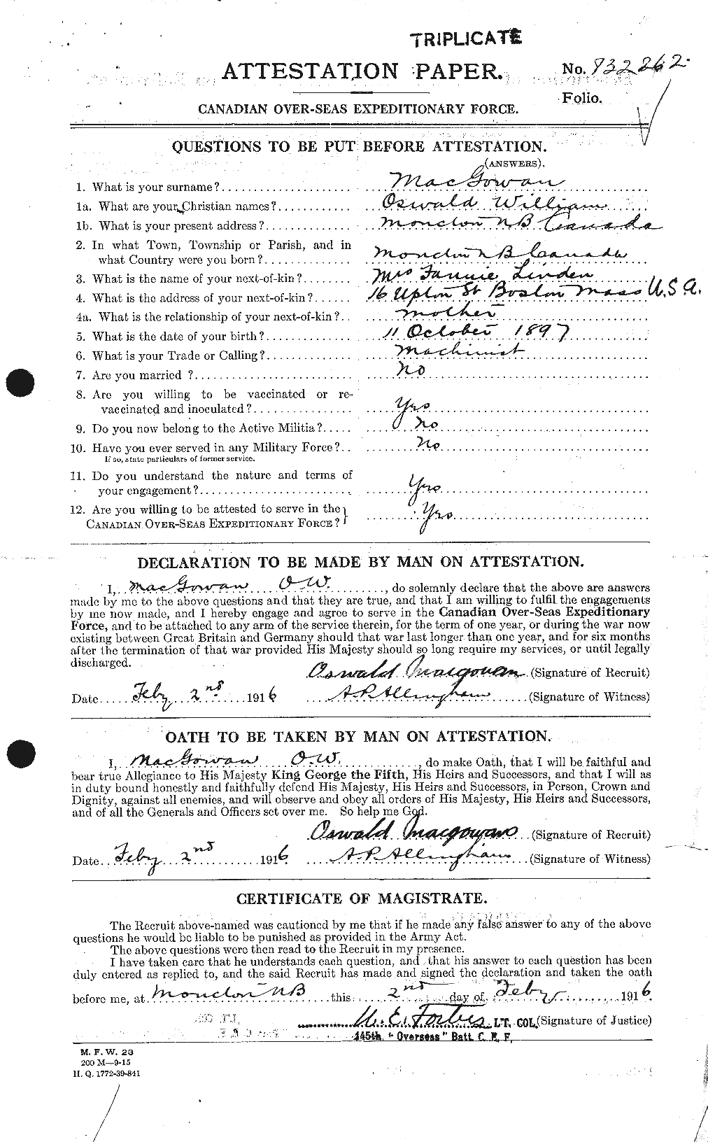 Dossiers du Personnel de la Première Guerre mondiale - CEC 523196a