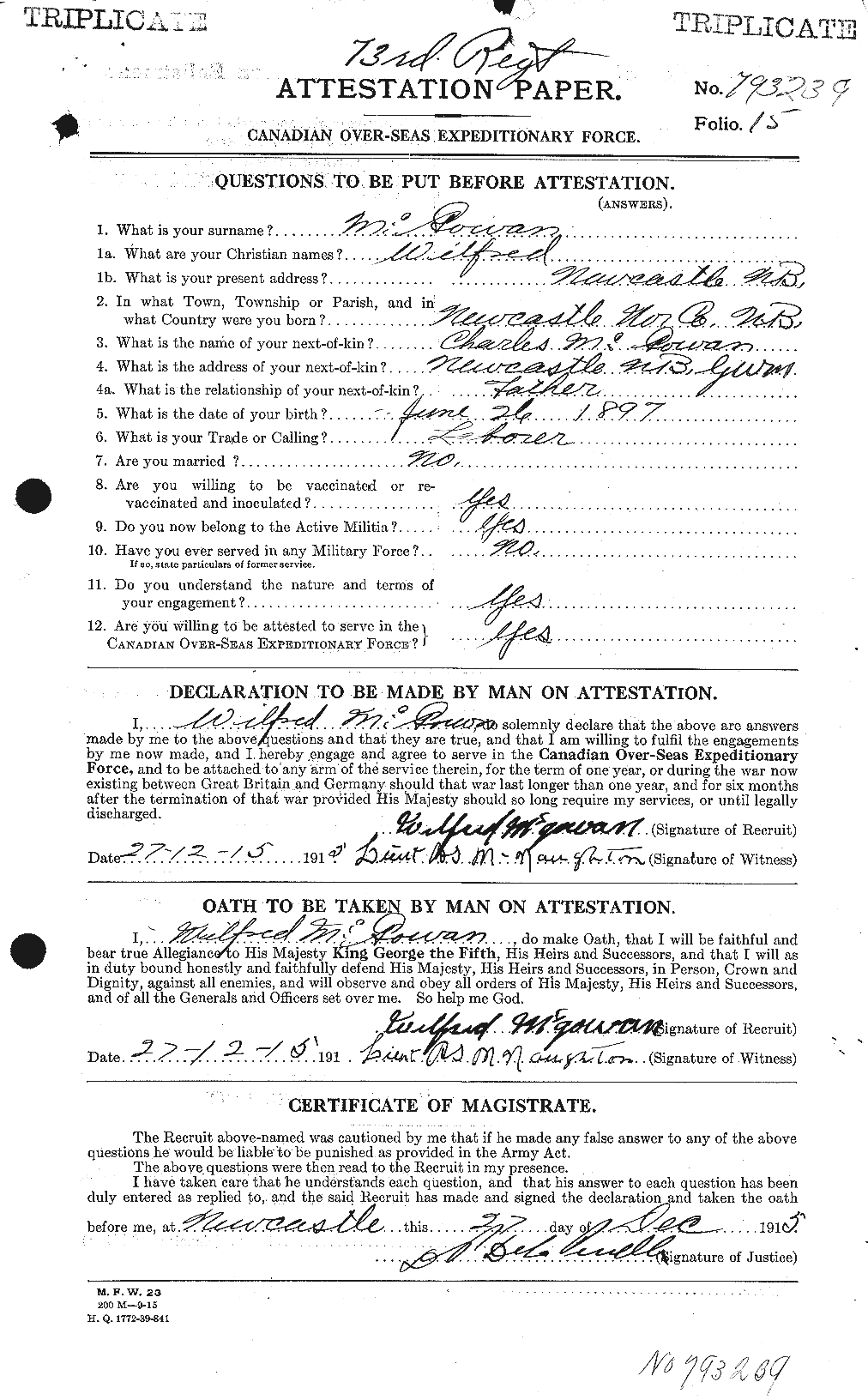 Dossiers du Personnel de la Première Guerre mondiale - CEC 523228a