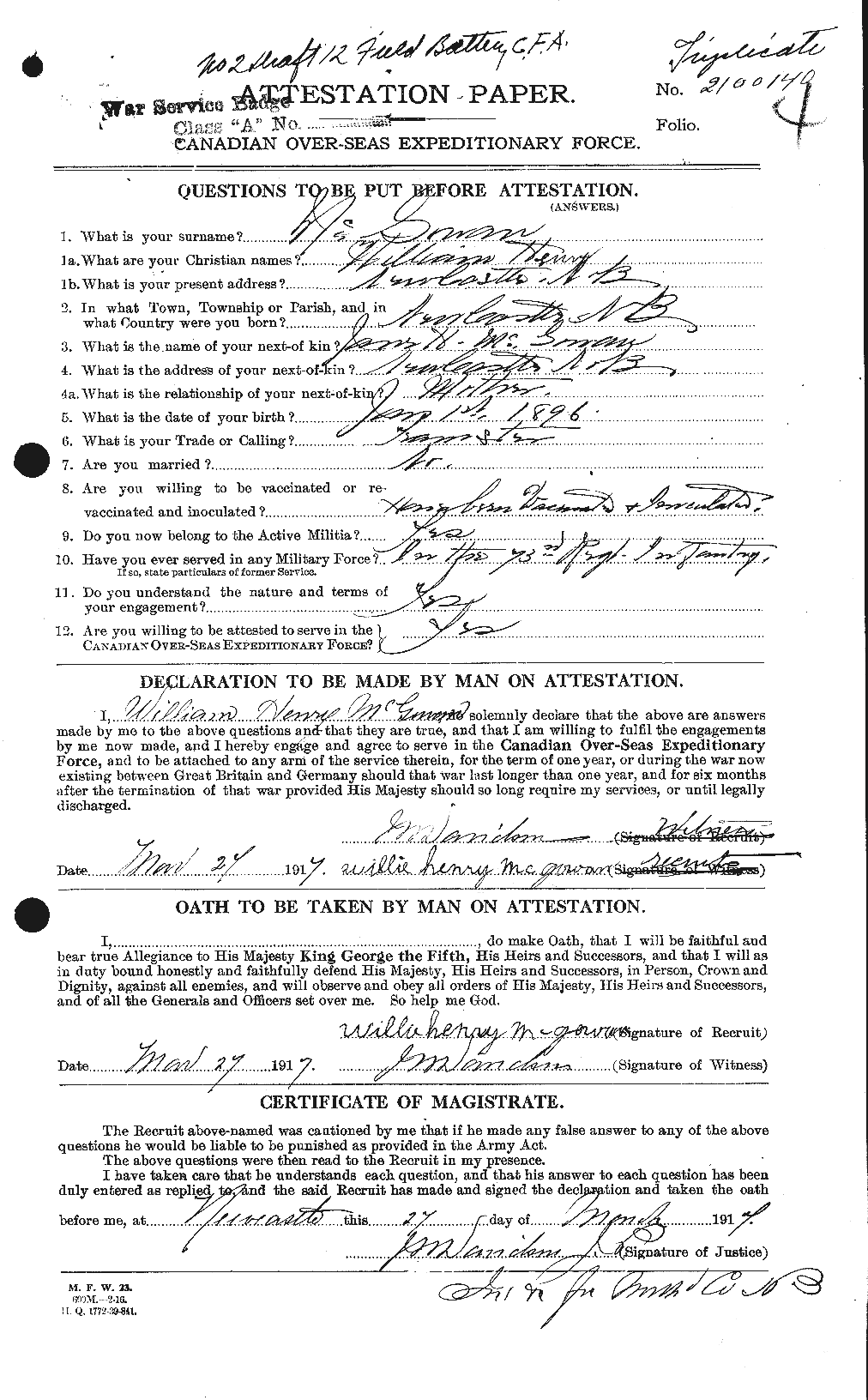 Dossiers du Personnel de la Première Guerre mondiale - CEC 523241a