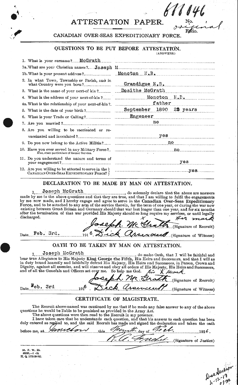 Dossiers du Personnel de la Première Guerre mondiale - CEC 523627a