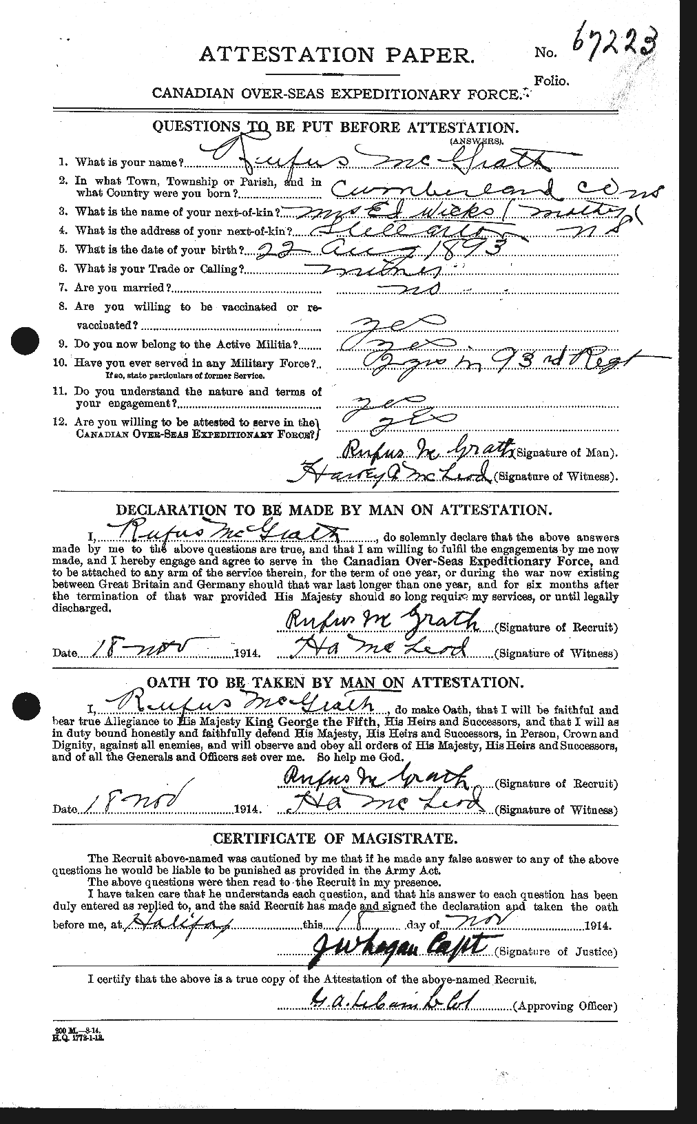 Dossiers du Personnel de la Première Guerre mondiale - CEC 523676a