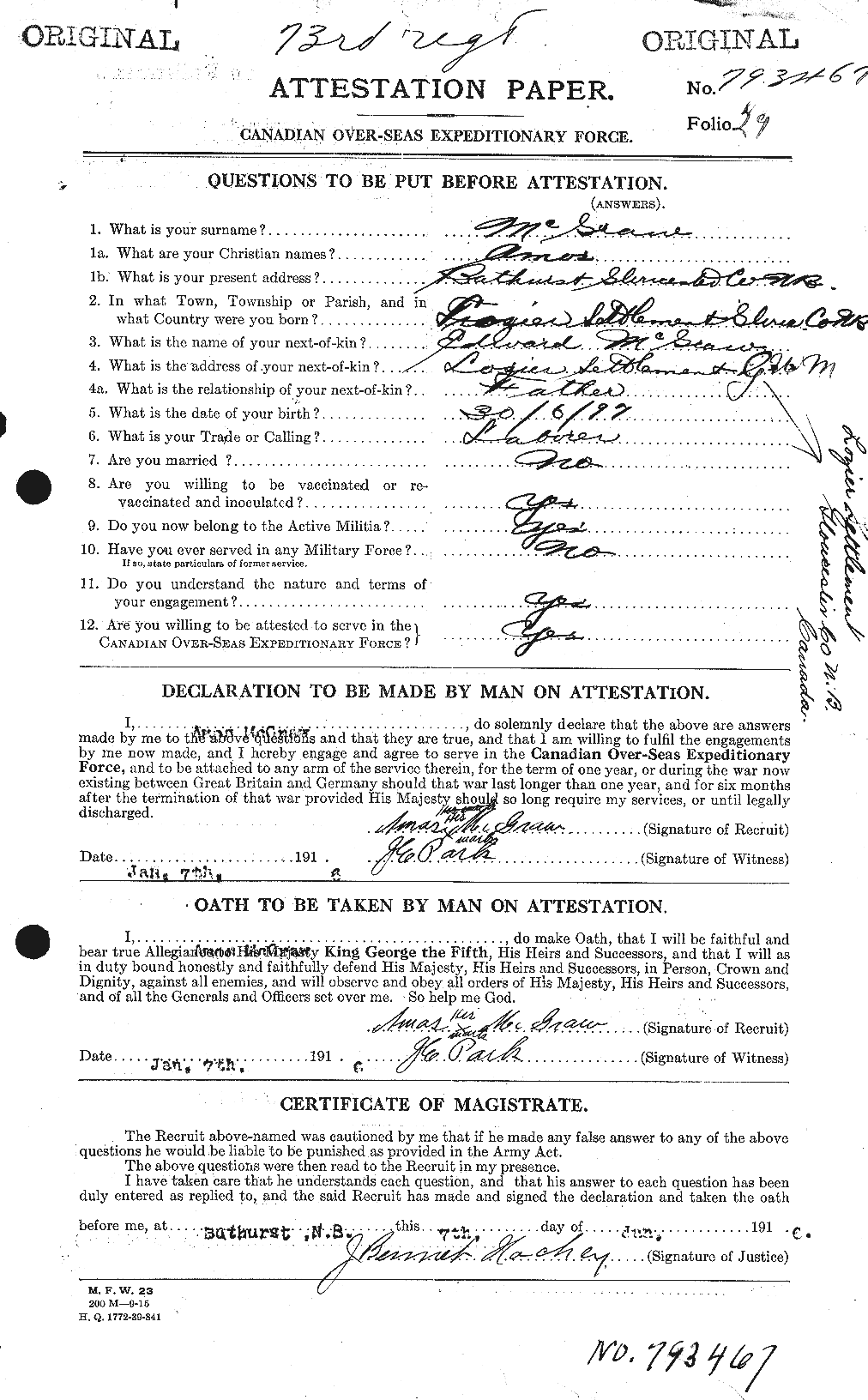 Dossiers du Personnel de la Première Guerre mondiale - CEC 523718a