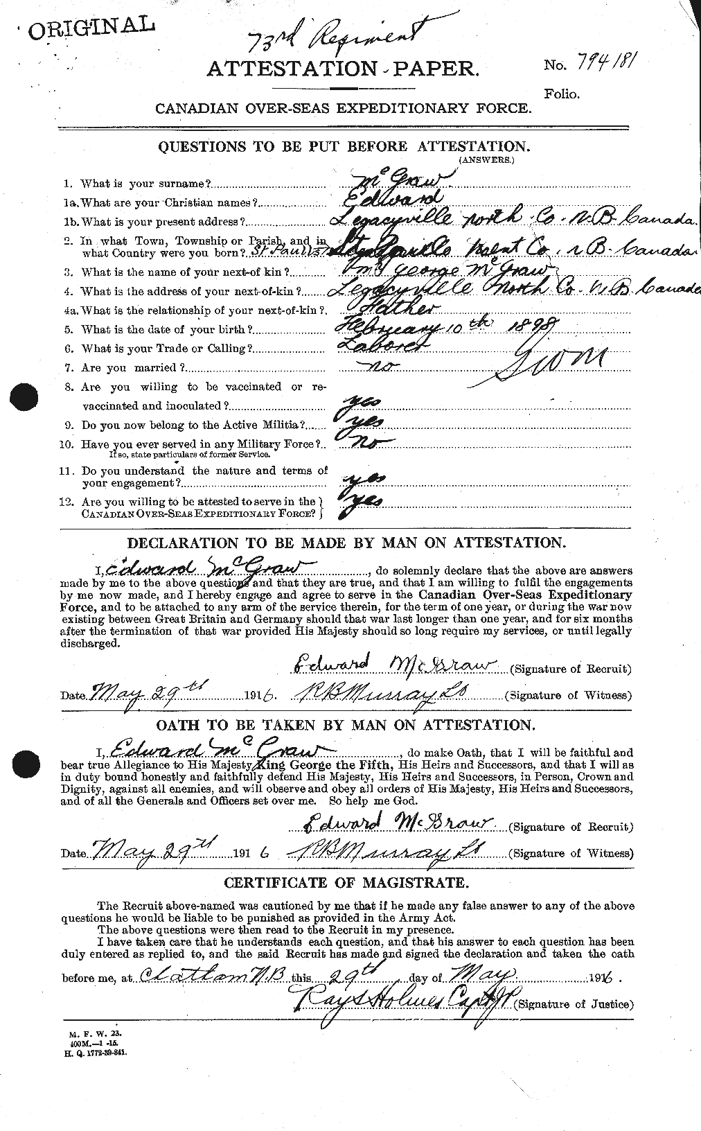 Dossiers du Personnel de la Première Guerre mondiale - CEC 523721a