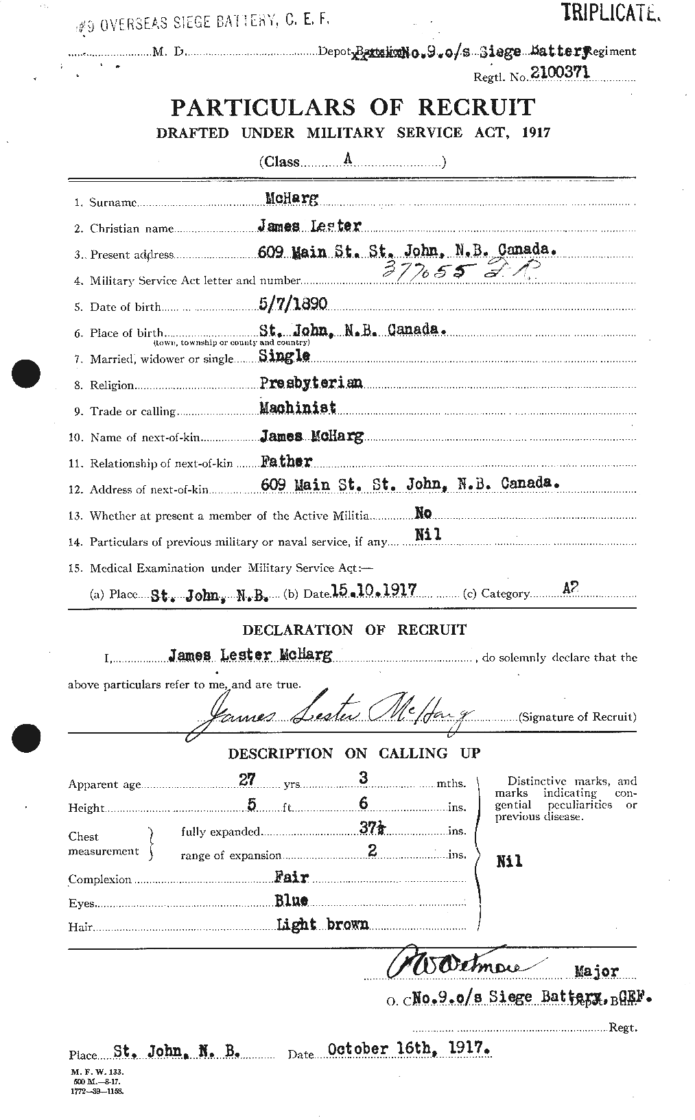 Dossiers du Personnel de la Première Guerre mondiale - CEC 524258a