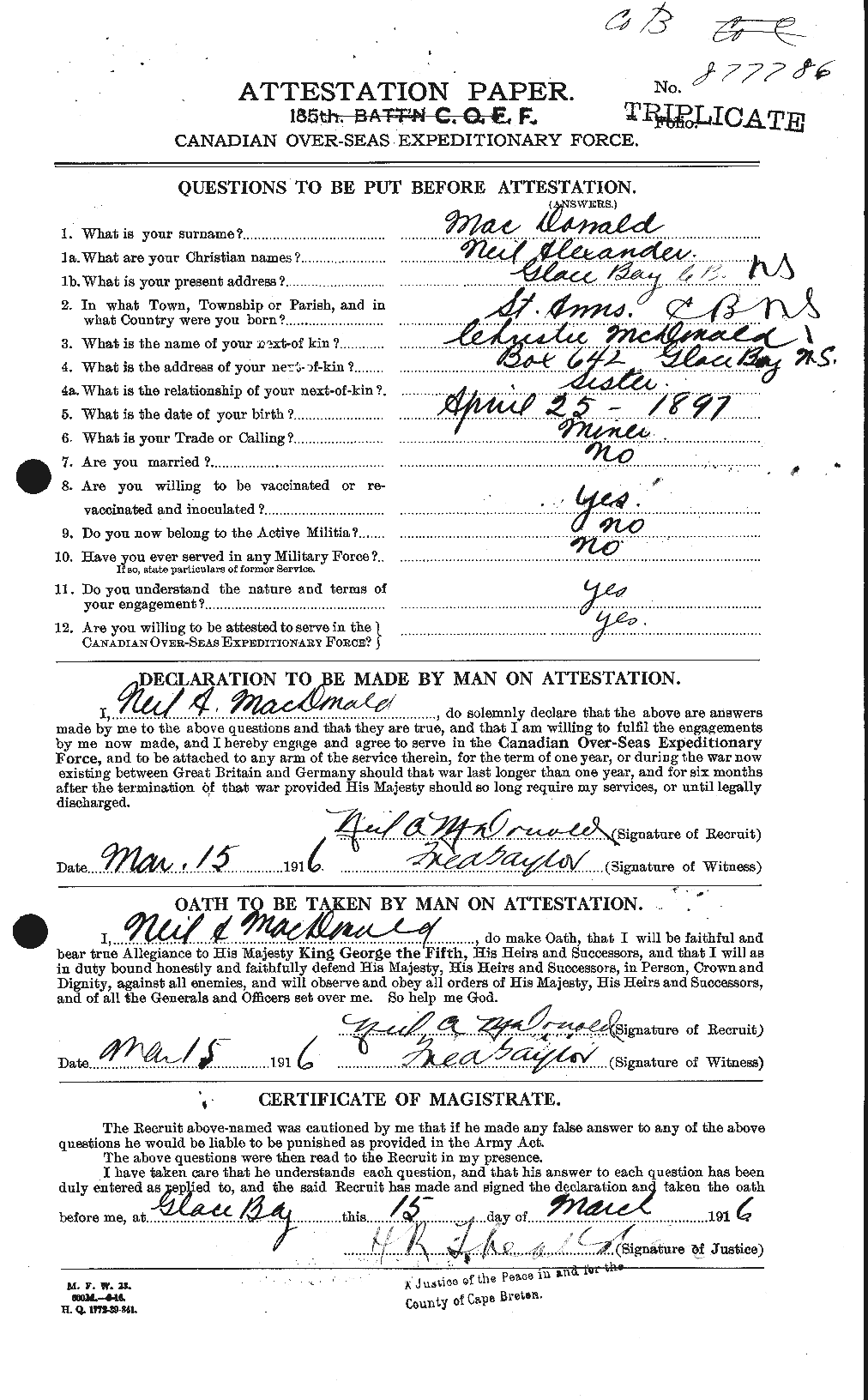 Dossiers du Personnel de la Première Guerre mondiale - CEC 524521a