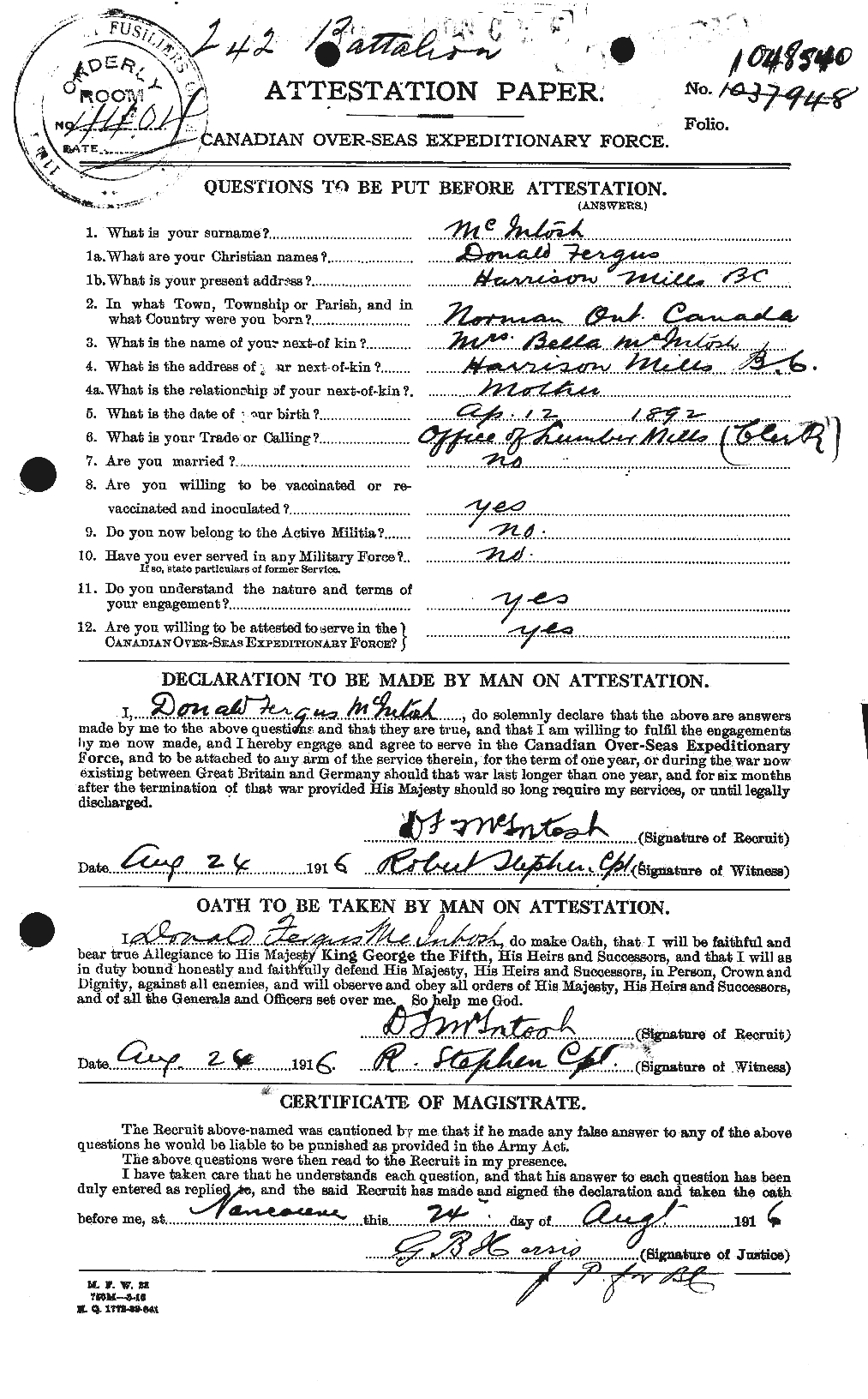 Personnel Records of the First World War - CEF 524873a
