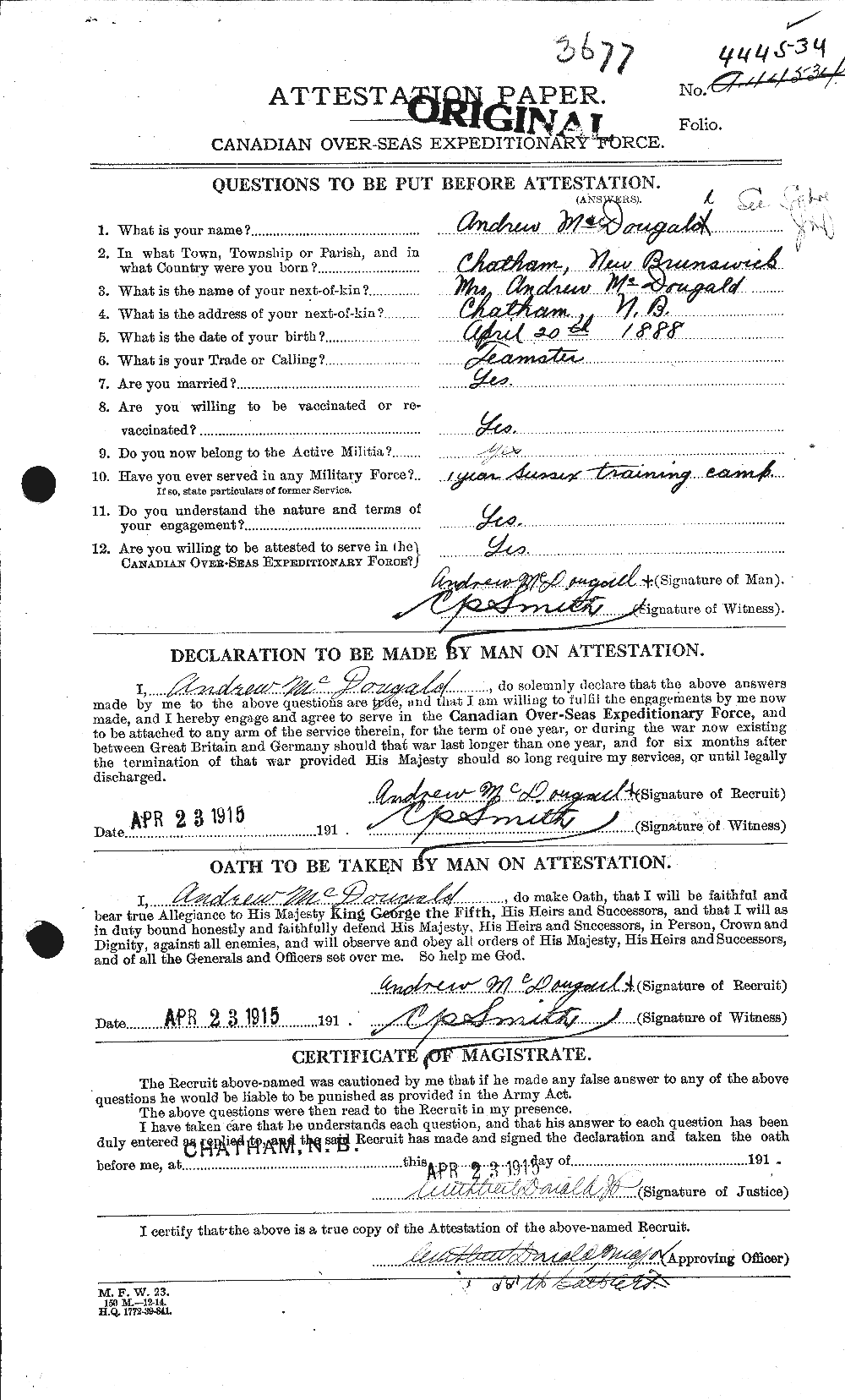Dossiers du Personnel de la Première Guerre mondiale - CEC 525227a