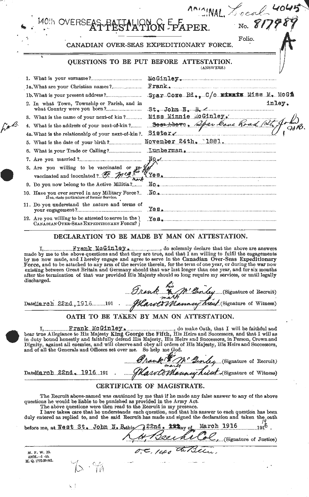 Dossiers du Personnel de la Première Guerre mondiale - CEC 526313a