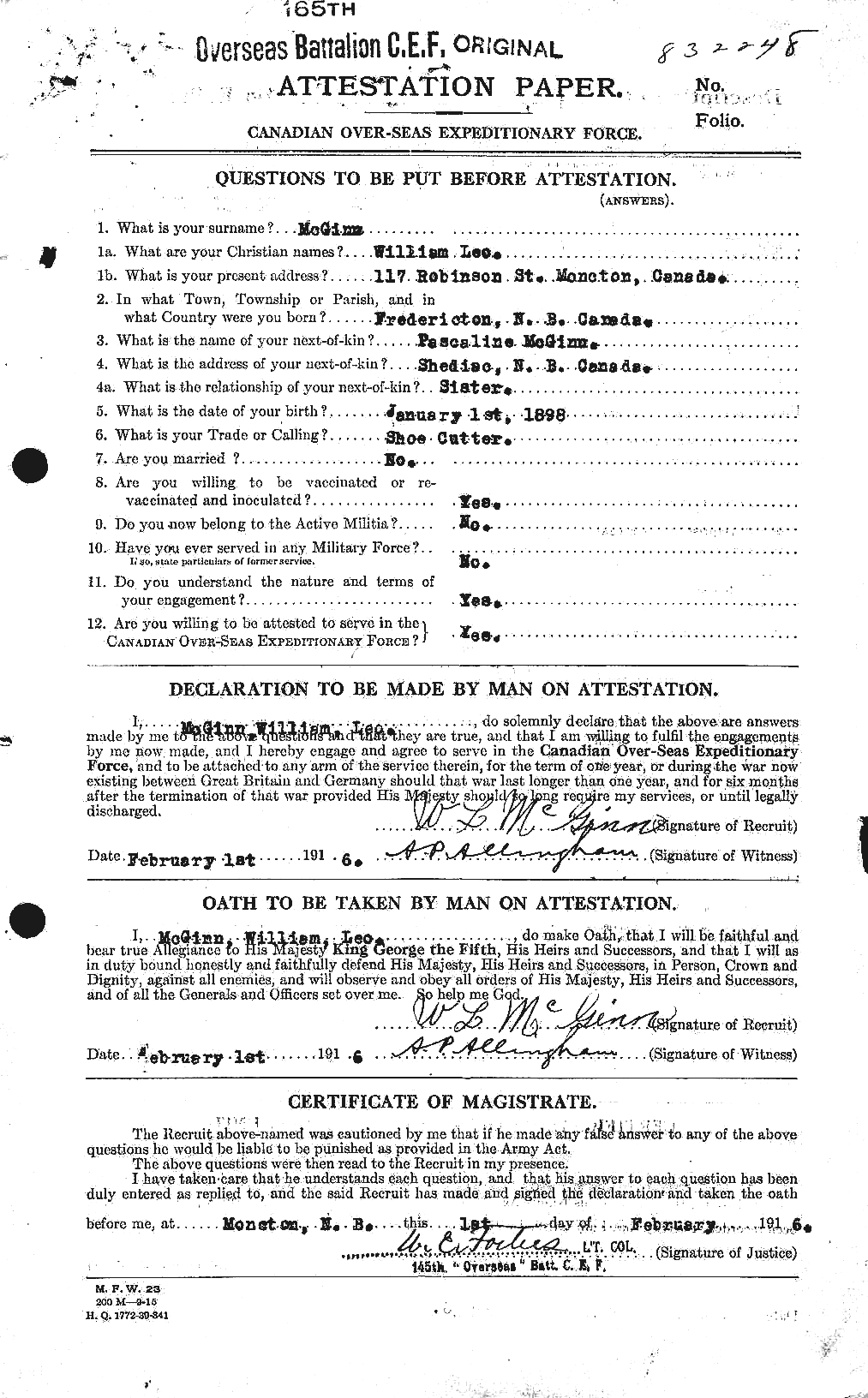 Dossiers du Personnel de la Première Guerre mondiale - CEC 526354a