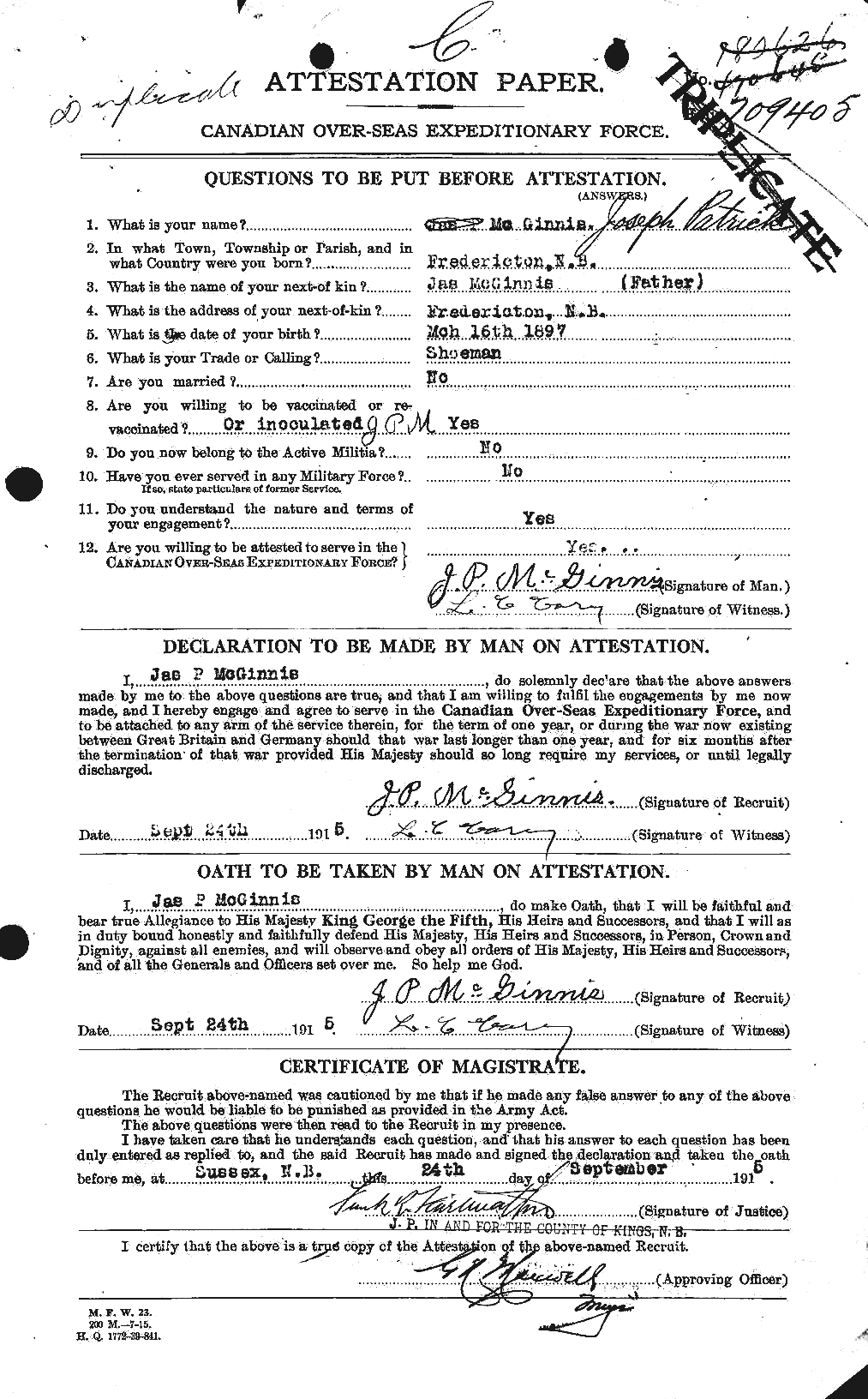 Dossiers du Personnel de la Première Guerre mondiale - CEC 526411a