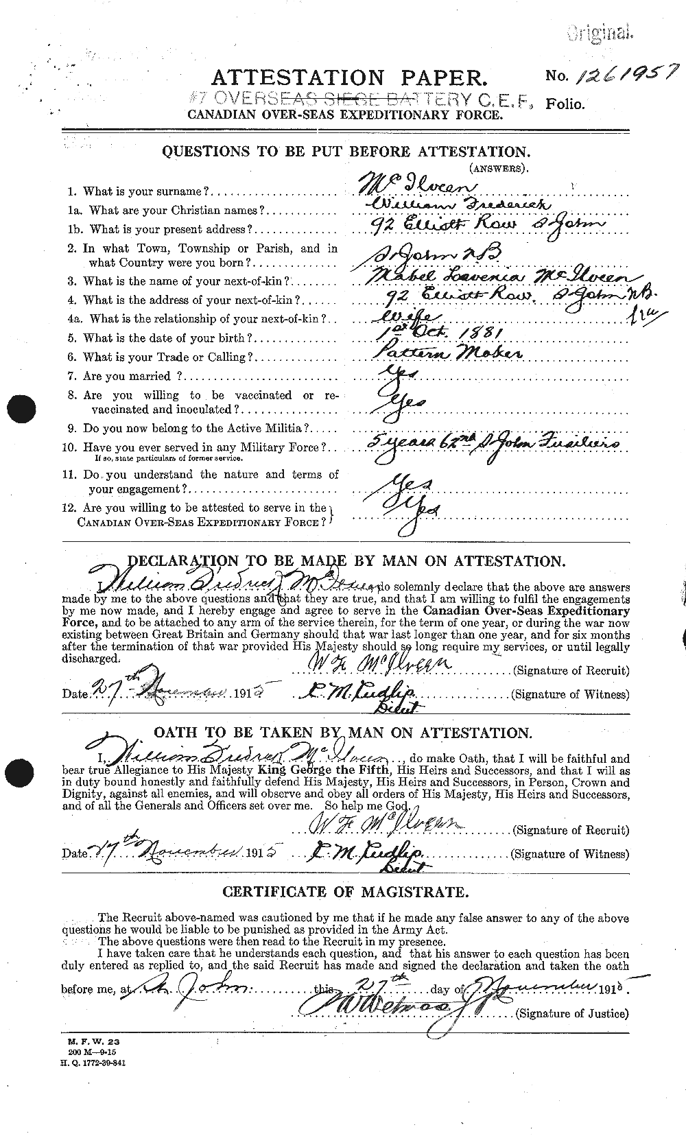 Dossiers du Personnel de la Première Guerre mondiale - CEC 526466a