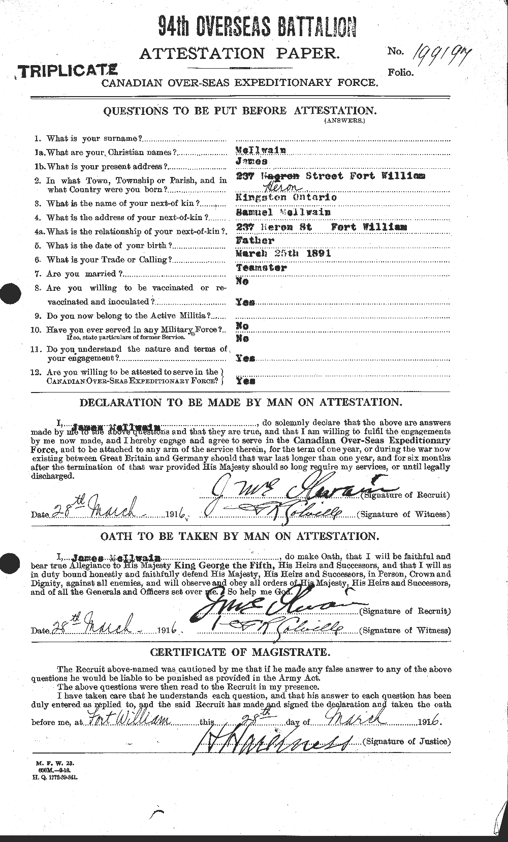 Dossiers du Personnel de la Première Guerre mondiale - CEC 526499a