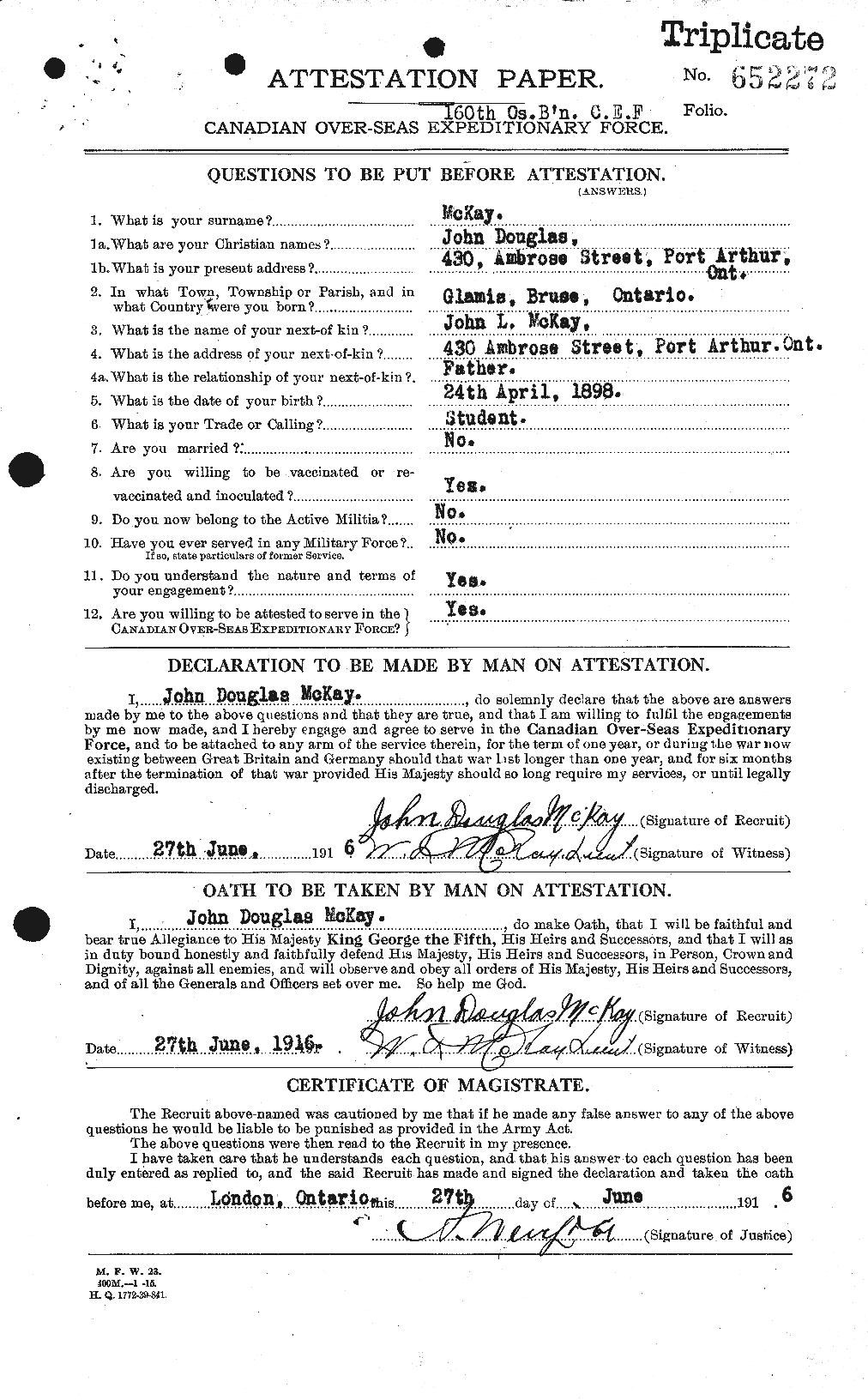 Dossiers du Personnel de la Première Guerre mondiale - CEC 527044a