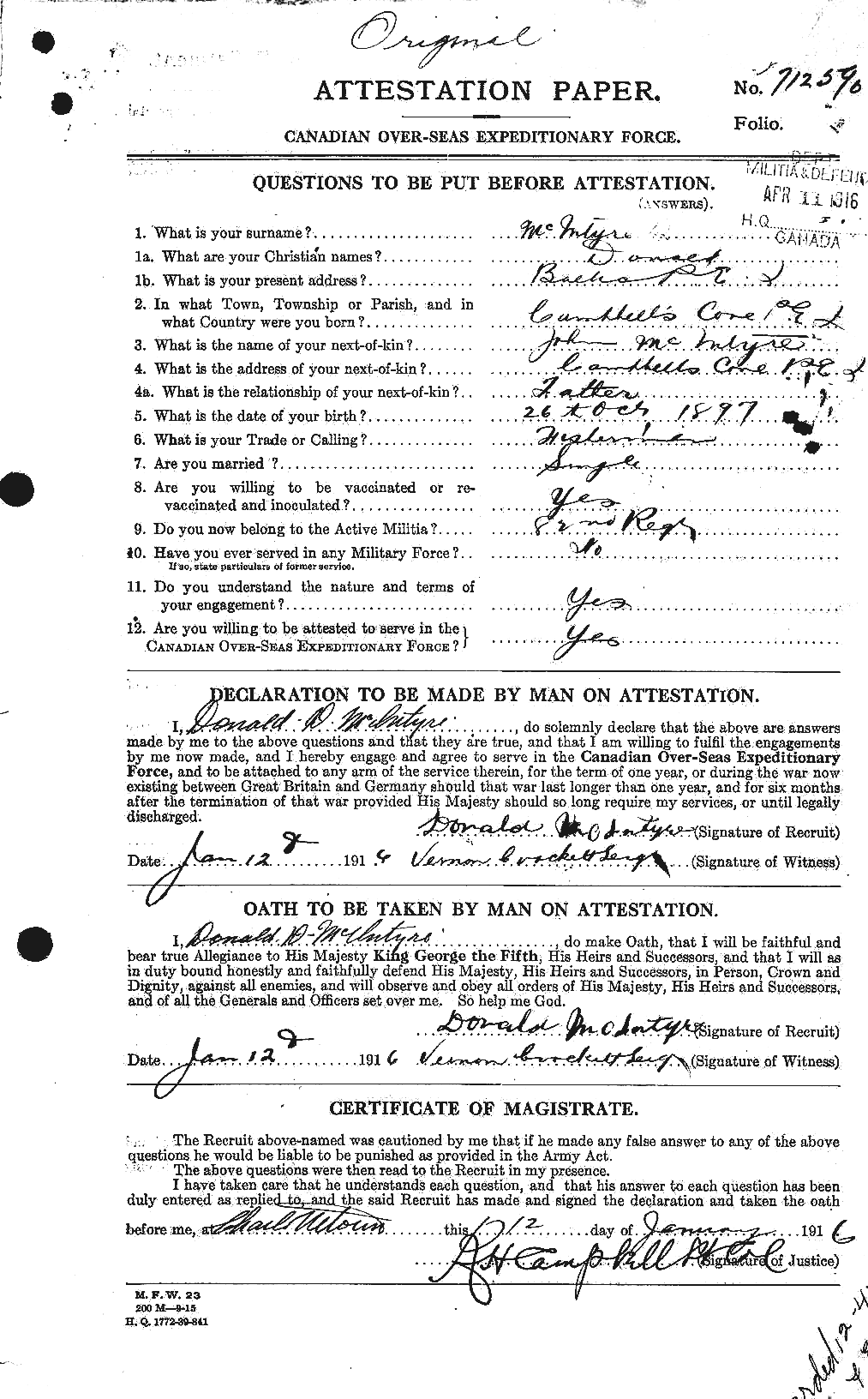 Dossiers du Personnel de la Première Guerre mondiale - CEC 527319a