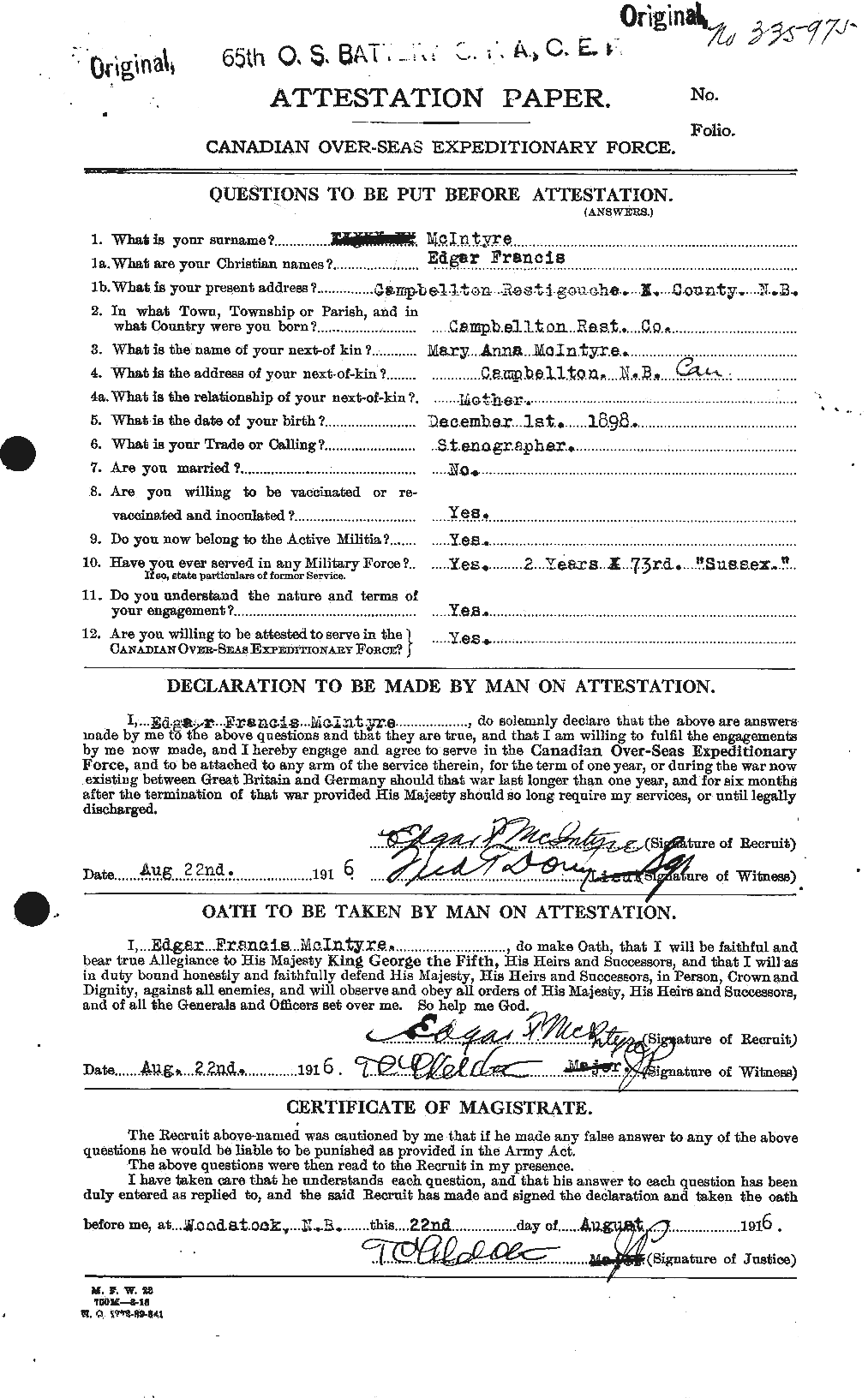 Dossiers du Personnel de la Première Guerre mondiale - CEC 527348a