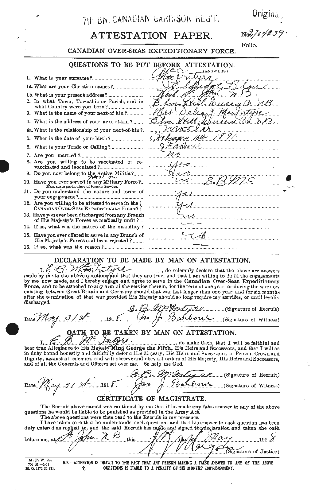 Dossiers du Personnel de la Première Guerre mondiale - CEC 527358a