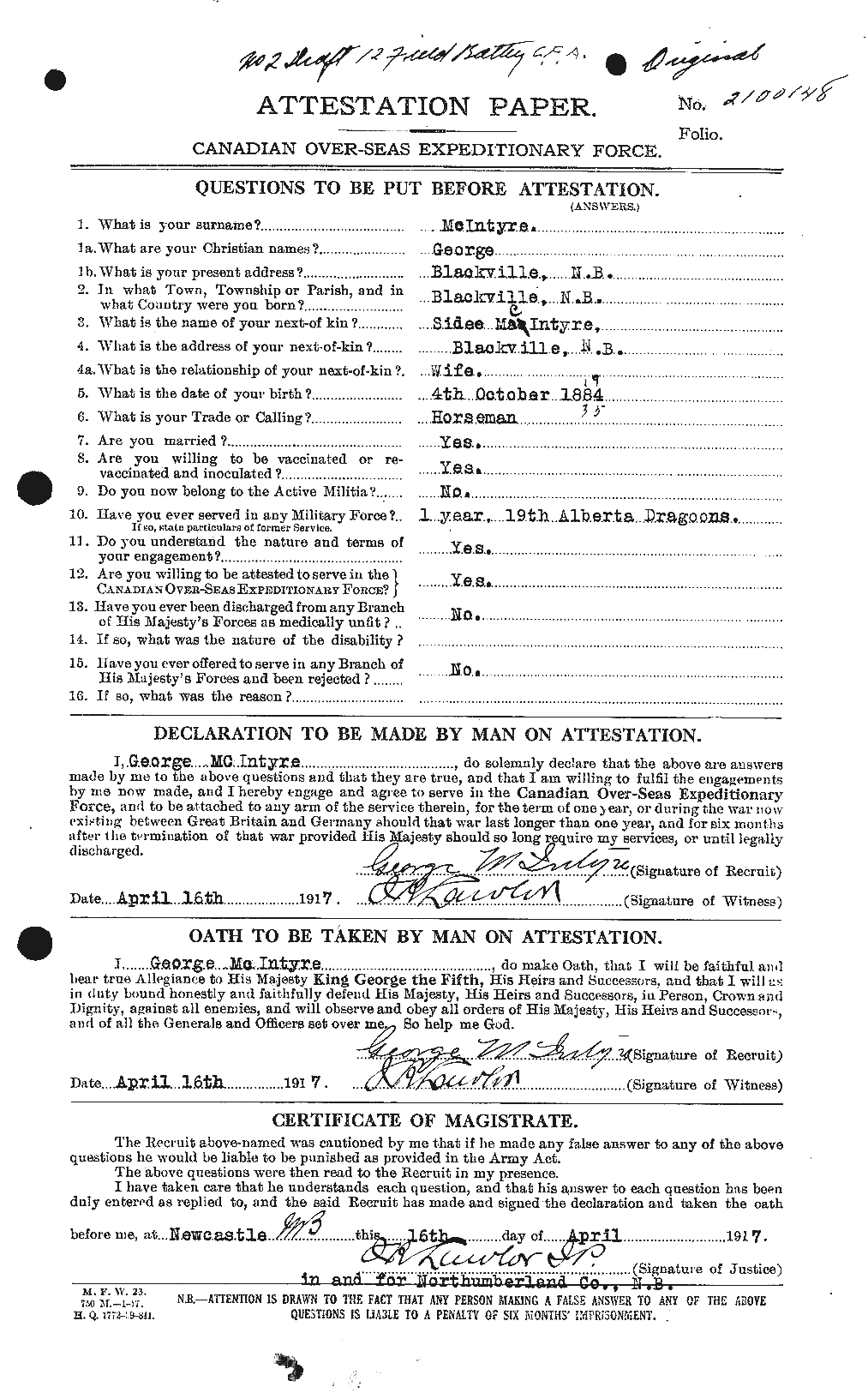 Dossiers du Personnel de la Première Guerre mondiale - CEC 527387a