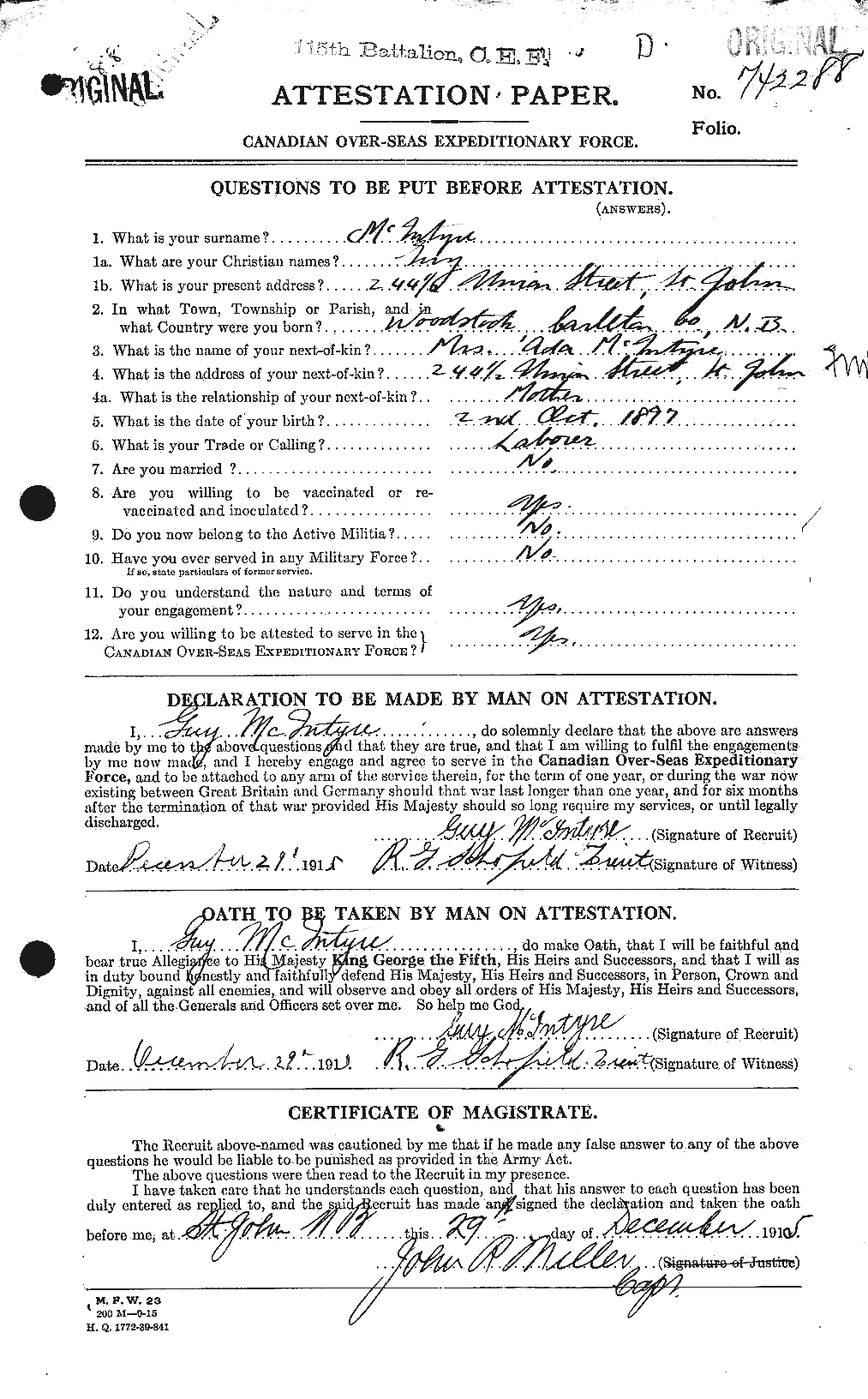 Dossiers du Personnel de la Première Guerre mondiale - CEC 527402a