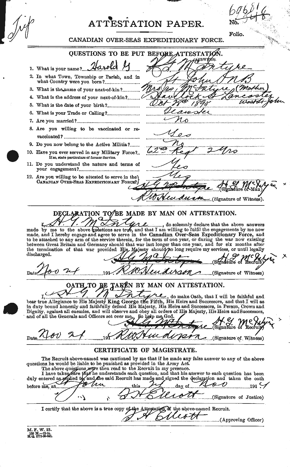 Dossiers du Personnel de la Première Guerre mondiale - CEC 527407a