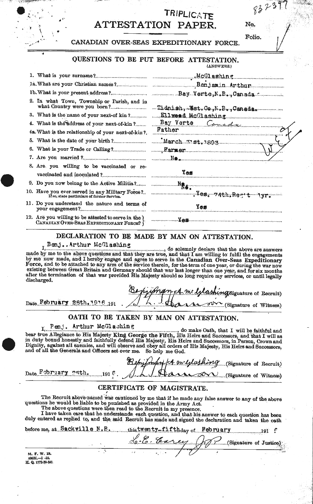 Dossiers du Personnel de la Première Guerre mondiale - CEC 528424a