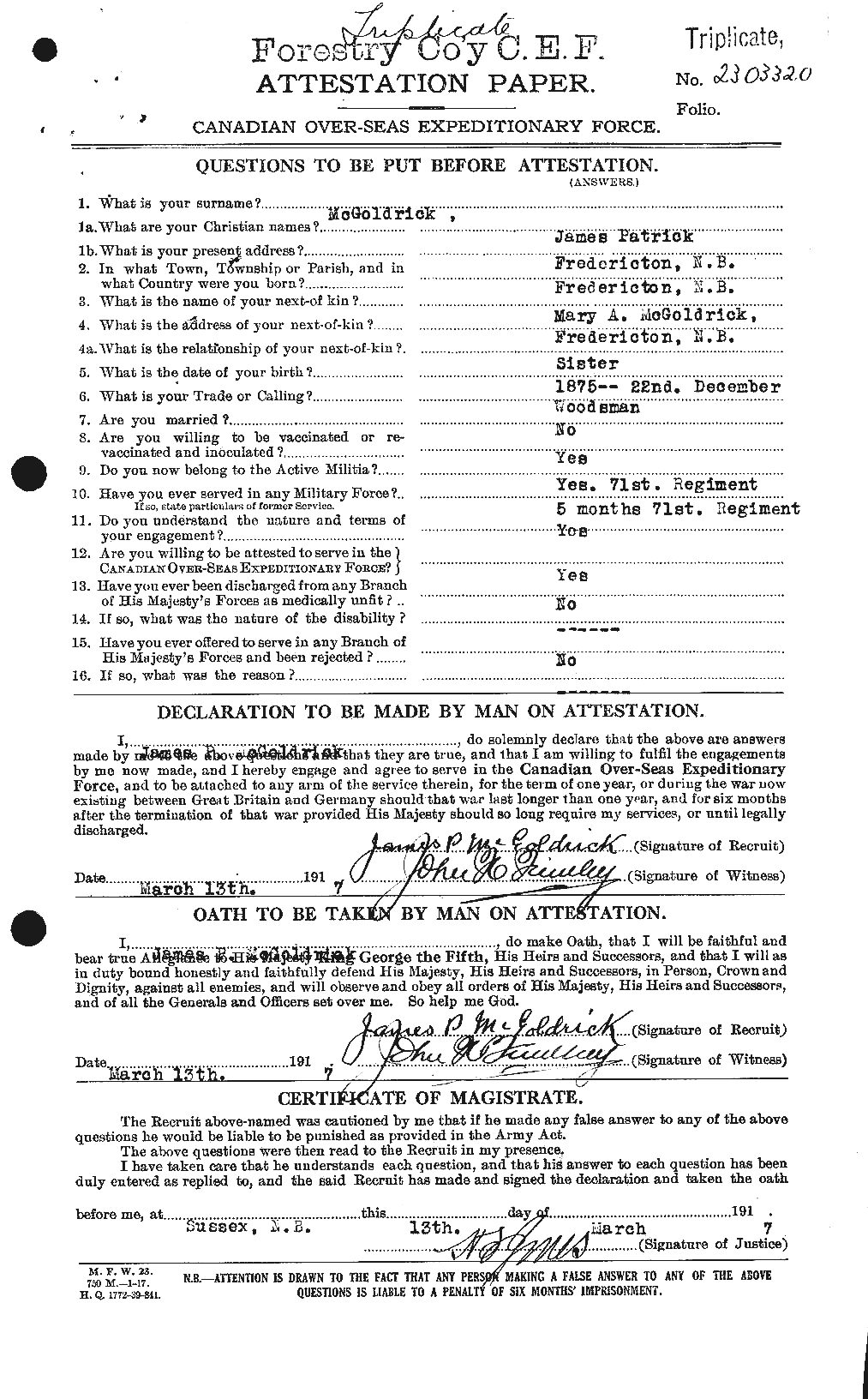 Dossiers du Personnel de la Première Guerre mondiale - CEC 528473a
