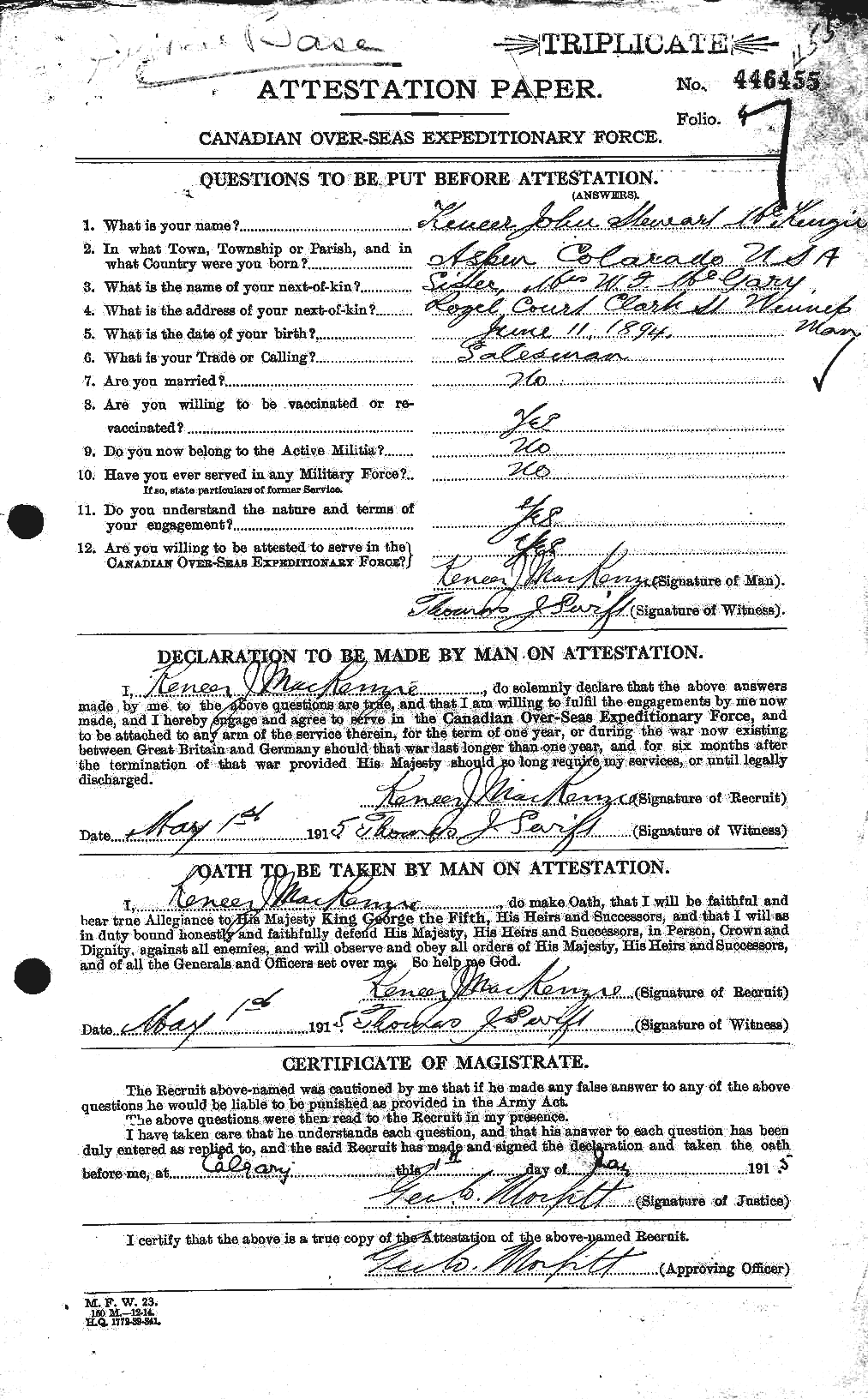 Dossiers du Personnel de la Première Guerre mondiale - CEC 529457a