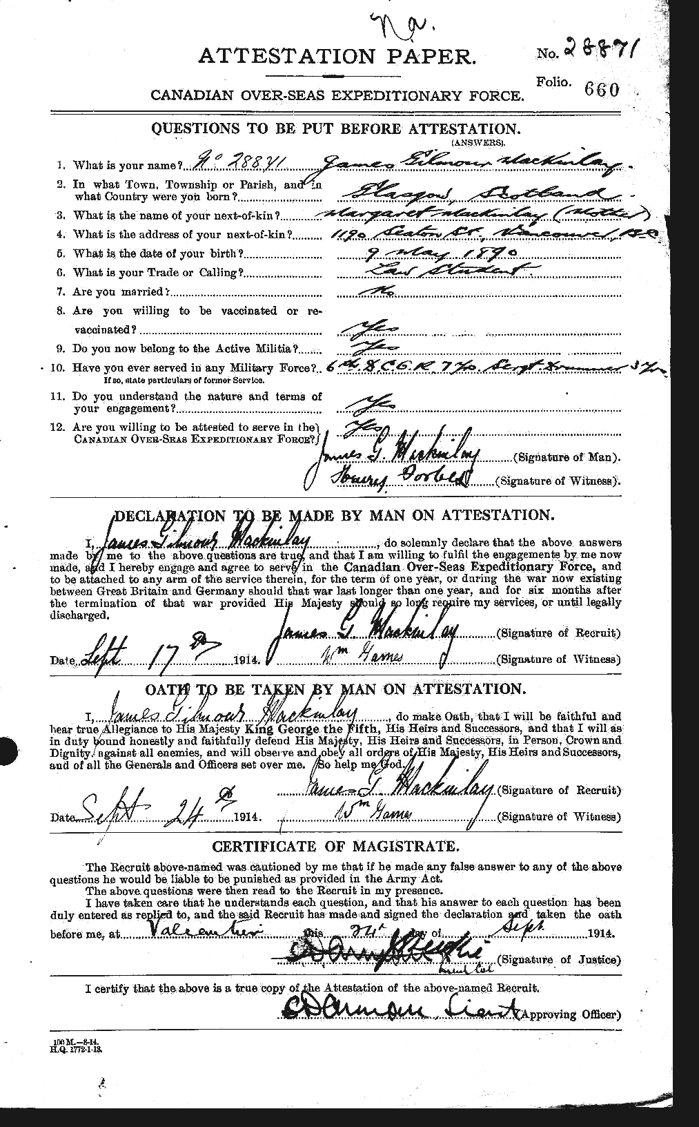 Dossiers du Personnel de la Première Guerre mondiale - CEC 529508a