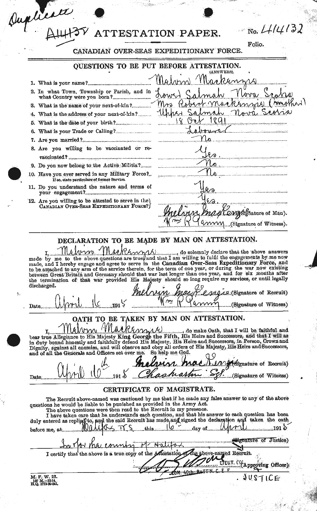 Dossiers du Personnel de la Première Guerre mondiale - CEC 529829a