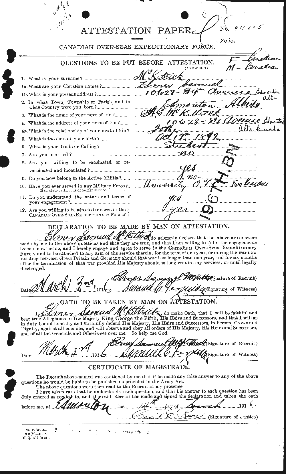 Dossiers du Personnel de la Première Guerre mondiale - CEC 530669a