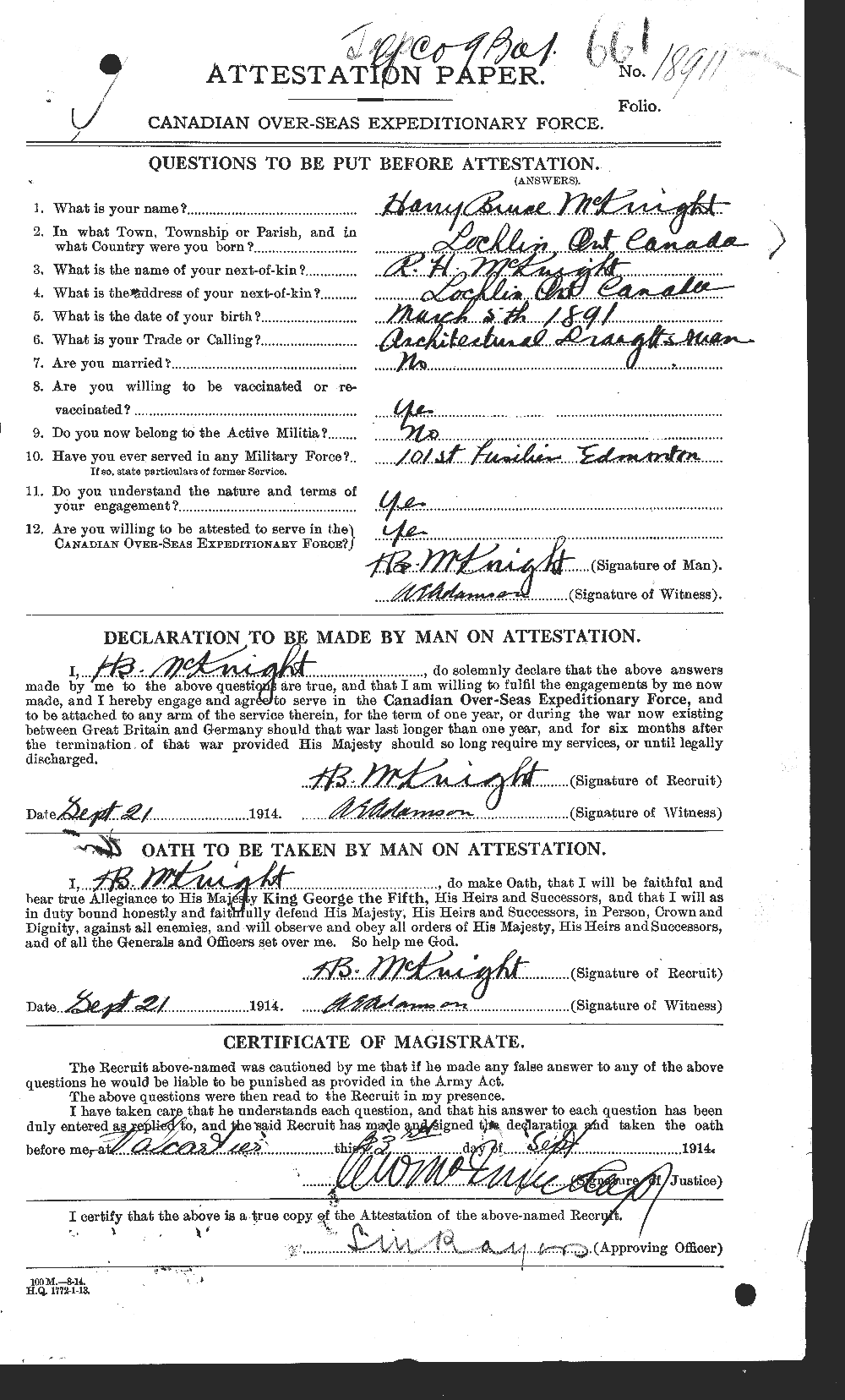 Dossiers du Personnel de la Première Guerre mondiale - CEC 530719a
