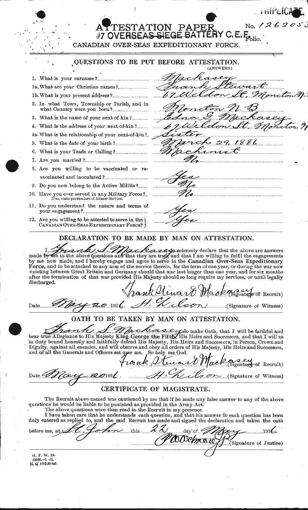 Dossiers du Personnel de la Première Guerre mondiale - CEC 530870a