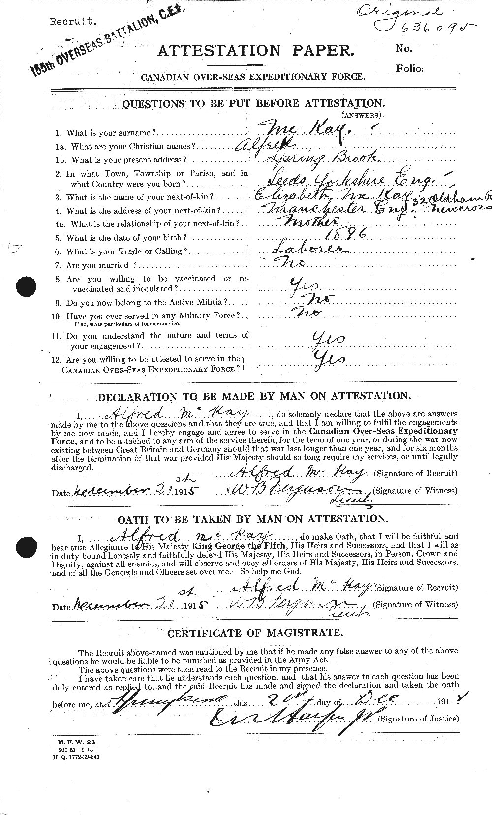 Dossiers du Personnel de la Première Guerre mondiale - CEC 530956a